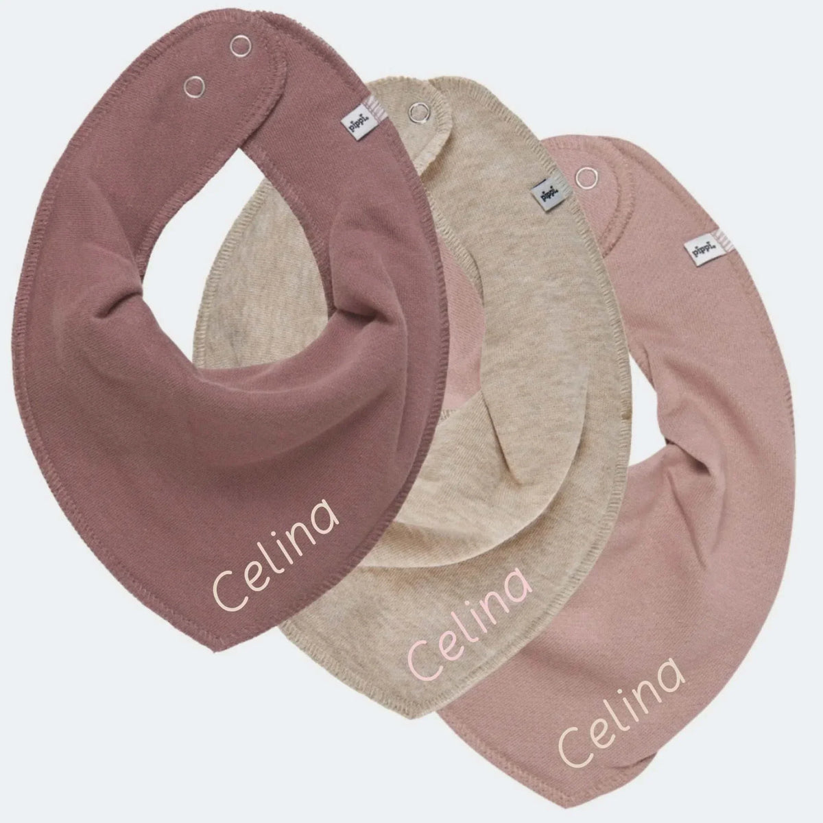 Tre Pippi-savlesmække i rosa og beige nuancer med navnet Celina