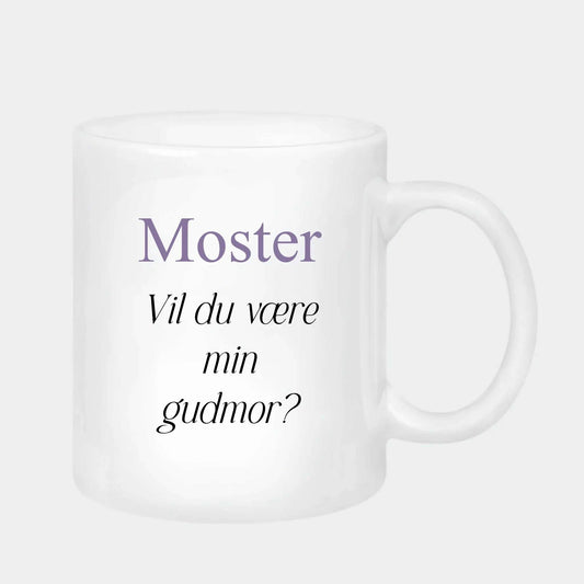 Keramikkrus – Moster, vil du være min gudmor?, krus 330 ml hvid