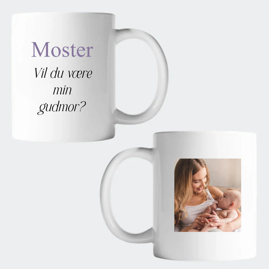 Keramikkrus – Moster, vil du være min gudmor? med billede, 330 ml print på begge sider