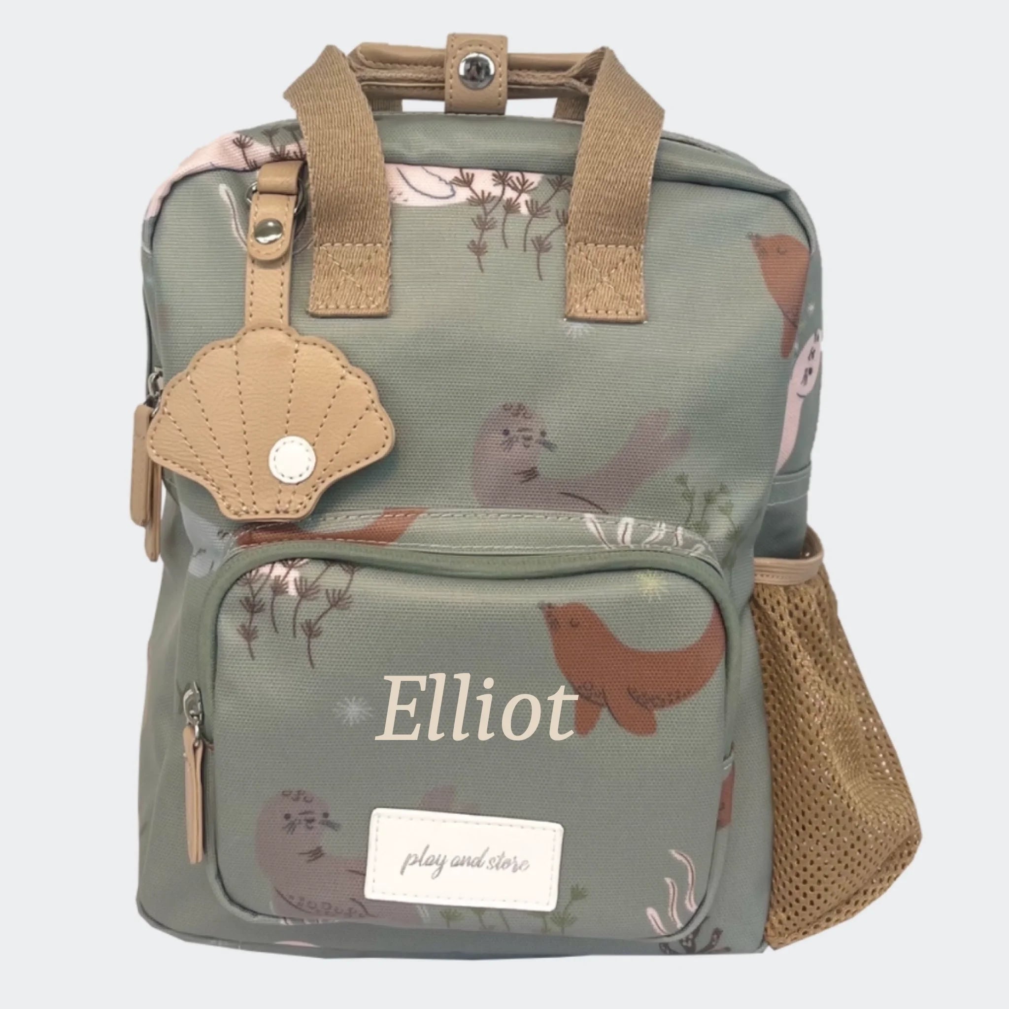 Mini rygsæk med sæler til børn – med navn, grøn x 7,5 x 28 cm