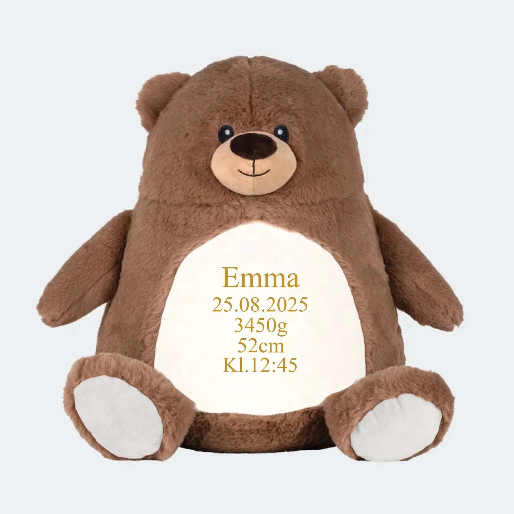 Brun bjørne bamse med broderet navn Customizer TeeInBlue Navn+Dato+Længde+Vægt+Klokkeslet 544 42cm