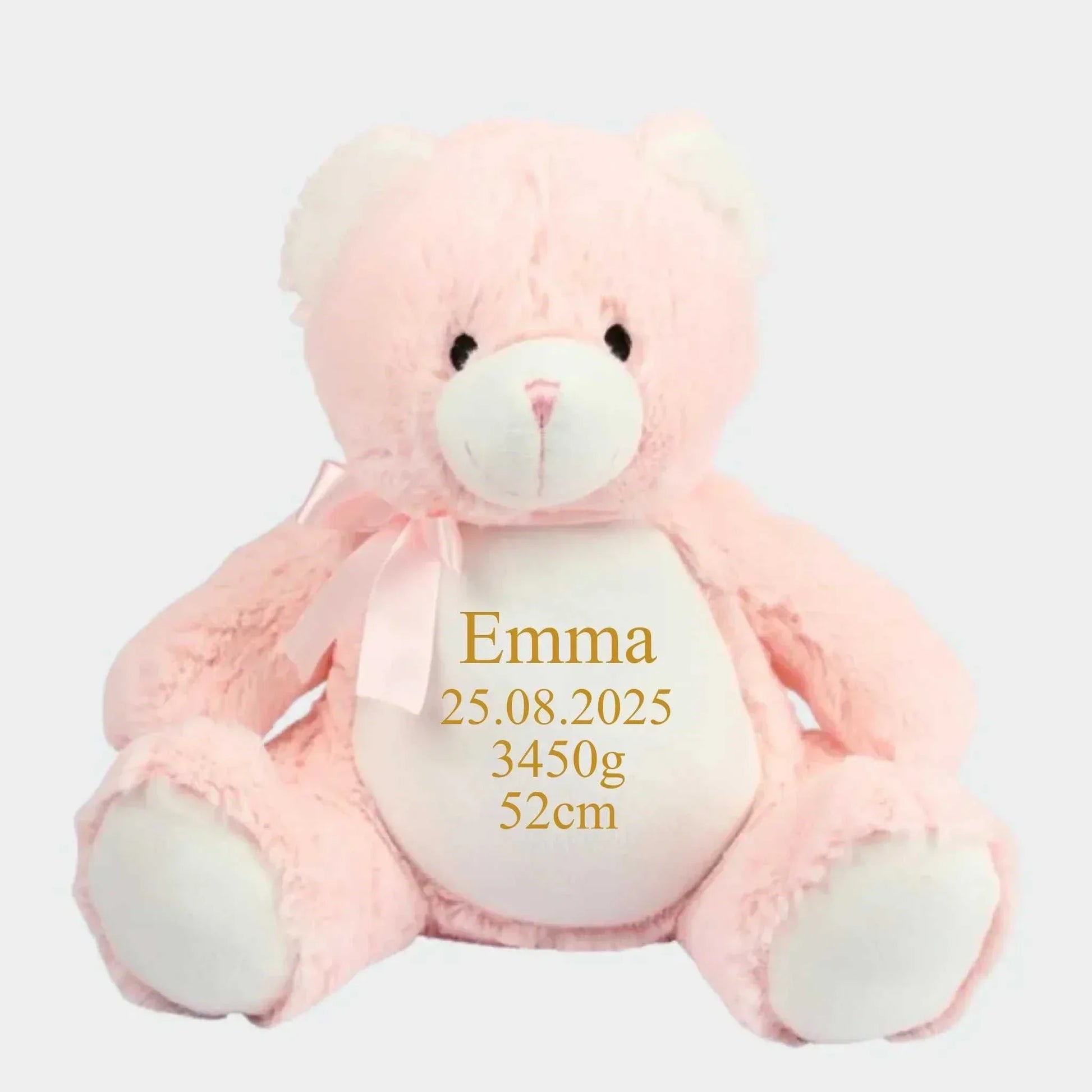 Personlig Lyserød Bamse med Broderi Customizer TeeInBlue Navn+Dato+Længde+Vægt 544 42cm