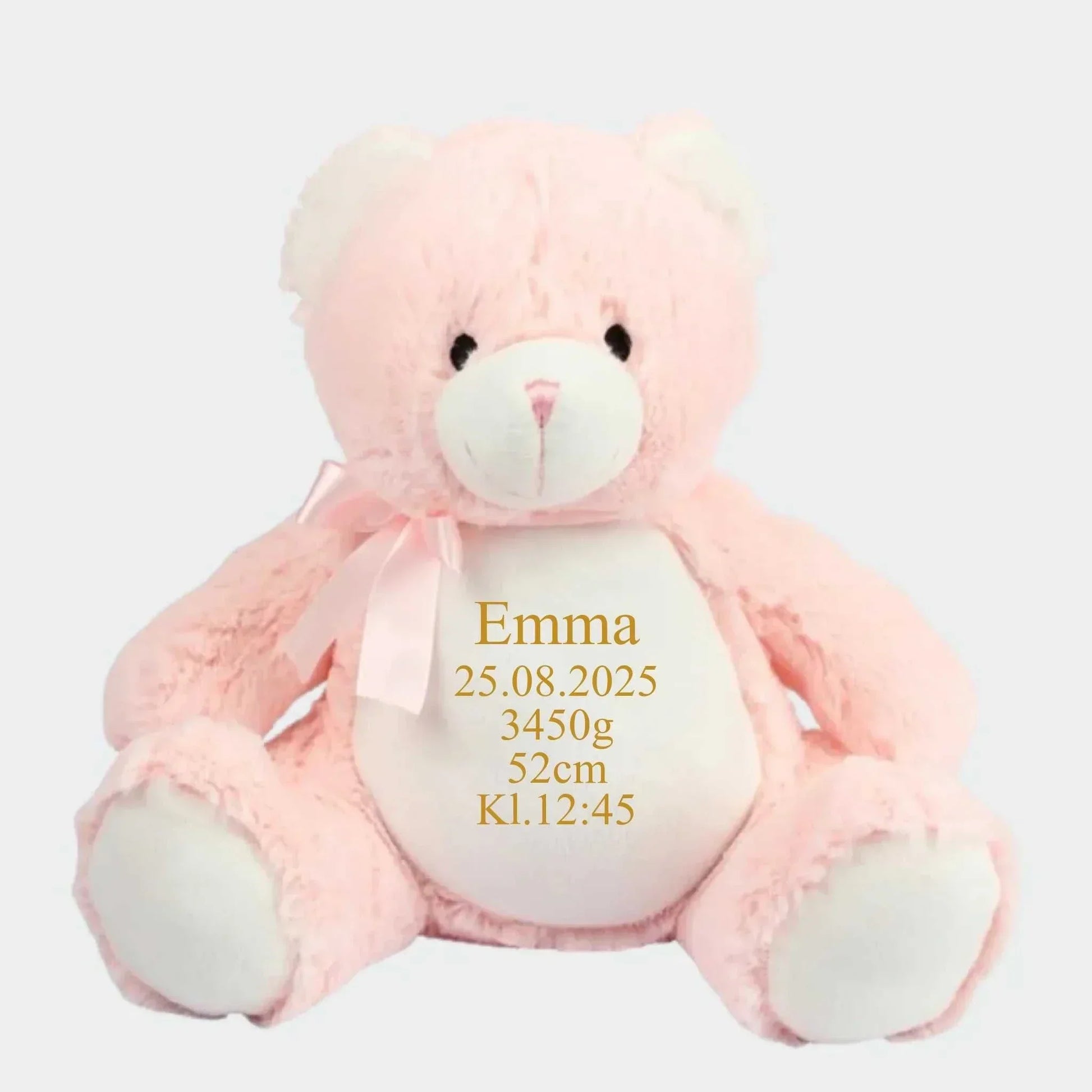 Personlig Lyserød Bamse med Broderi Customizer TeeInBlue Navn+Dato+Længde+Vægt+Klokkeslet 544 42cm