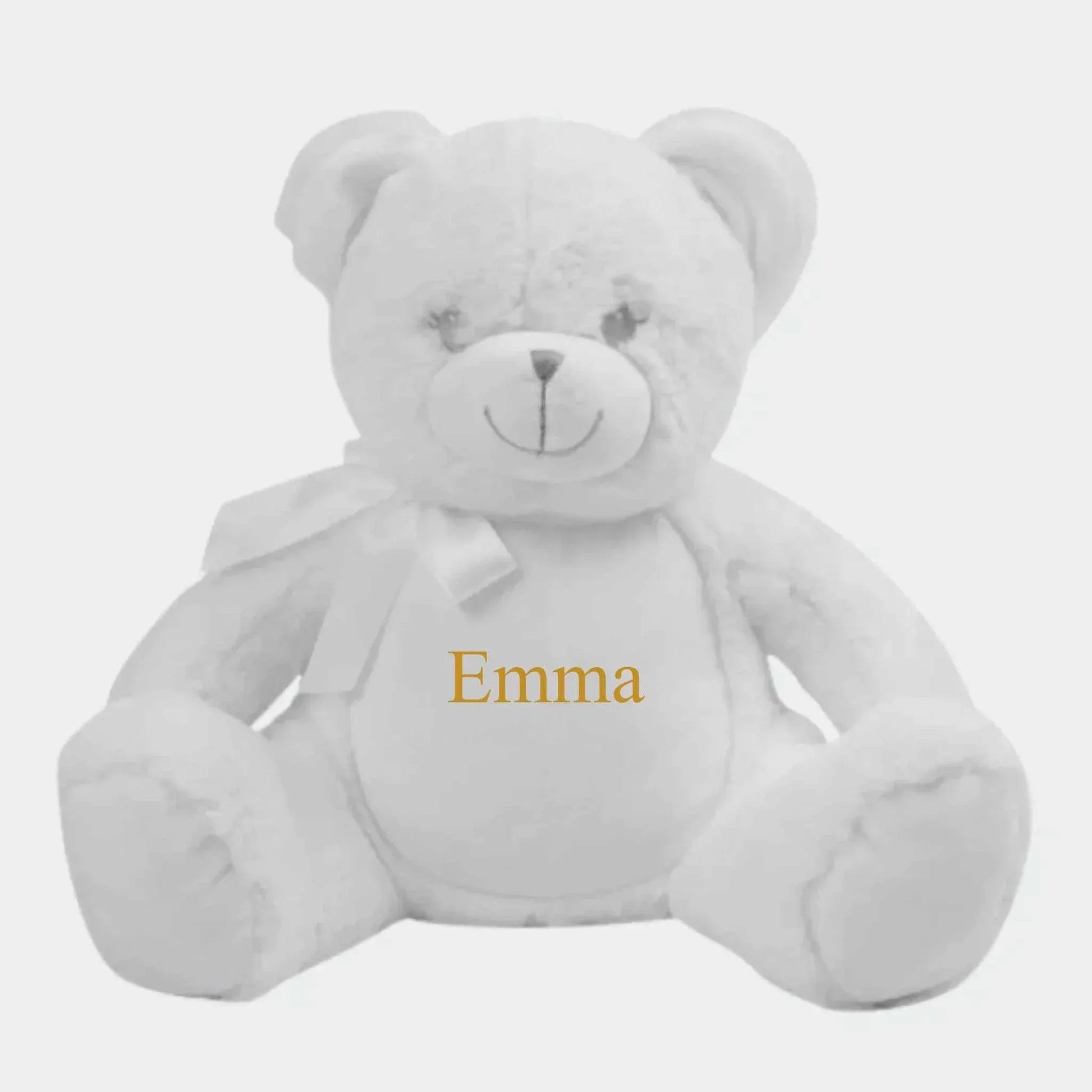 Hvid bamse med navn og data broderet på bamsen Customizer TeeInBlue Navn 54654654 42cm