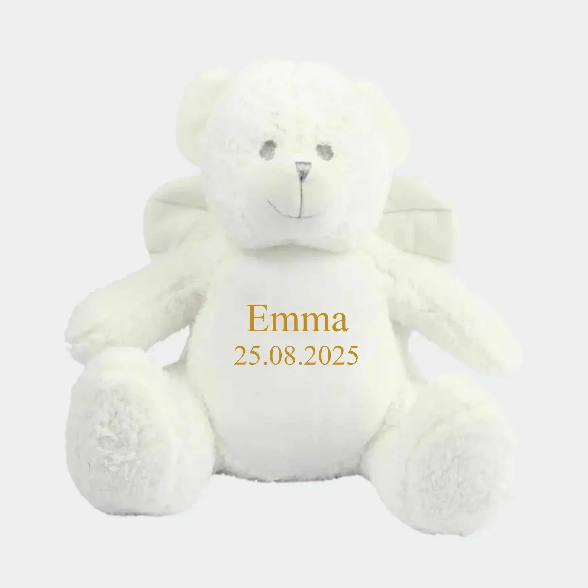 Engel bamse med navn og data broderet på bamsen Customizer TeeInBlue Navn+Dato 544 42cm