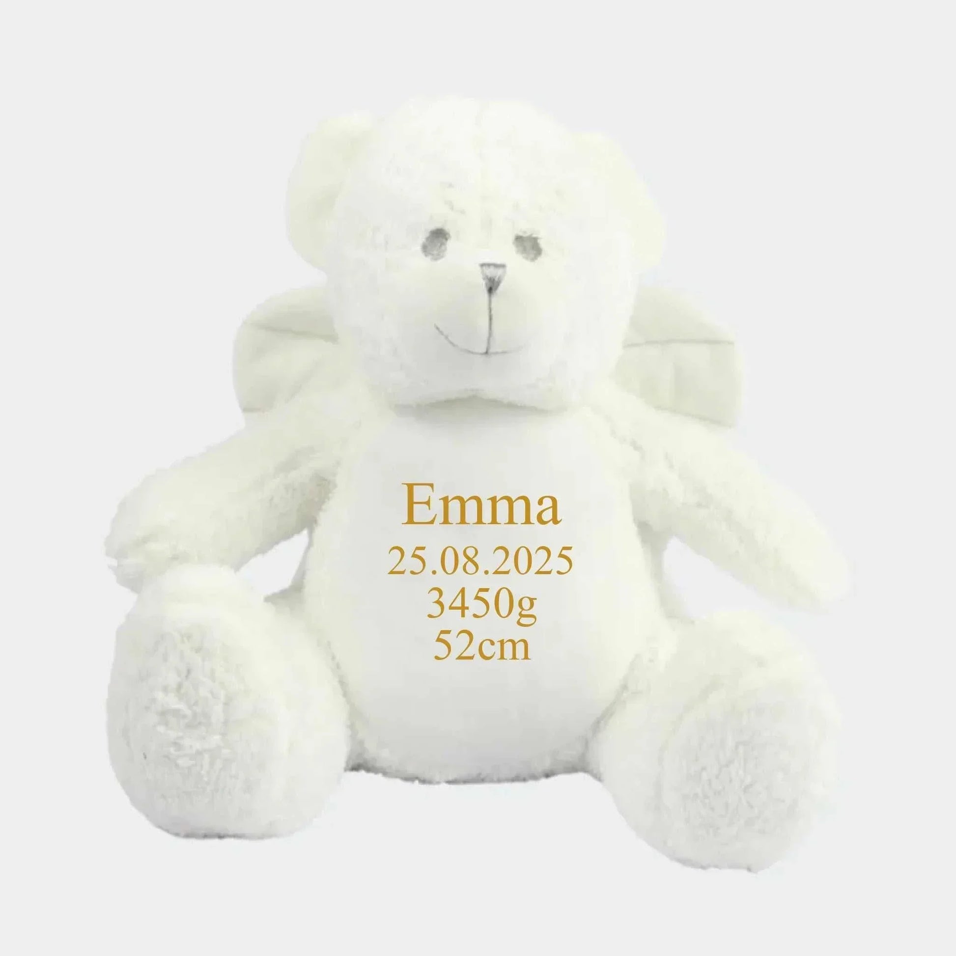 Engel bamse med navn og data broderet på bamsen Customizer TeeInBlue Navn+Dato+Længde+Vægt 544 42cm