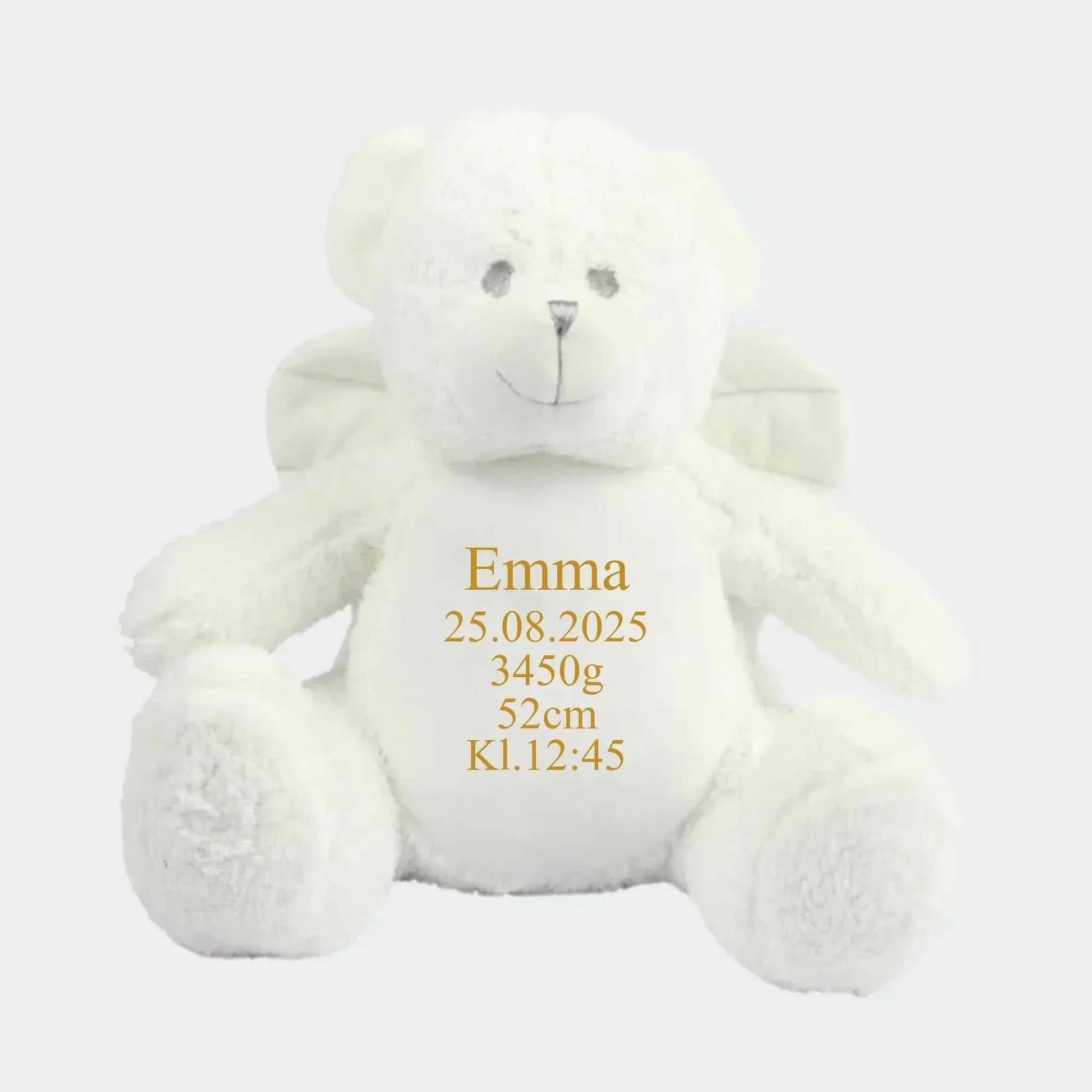 Engel bamse med navn og data broderet på bamsen Customizer TeeInBlue Navn+Dato+Længde+Vægt+Klokkeslet 544 42cm