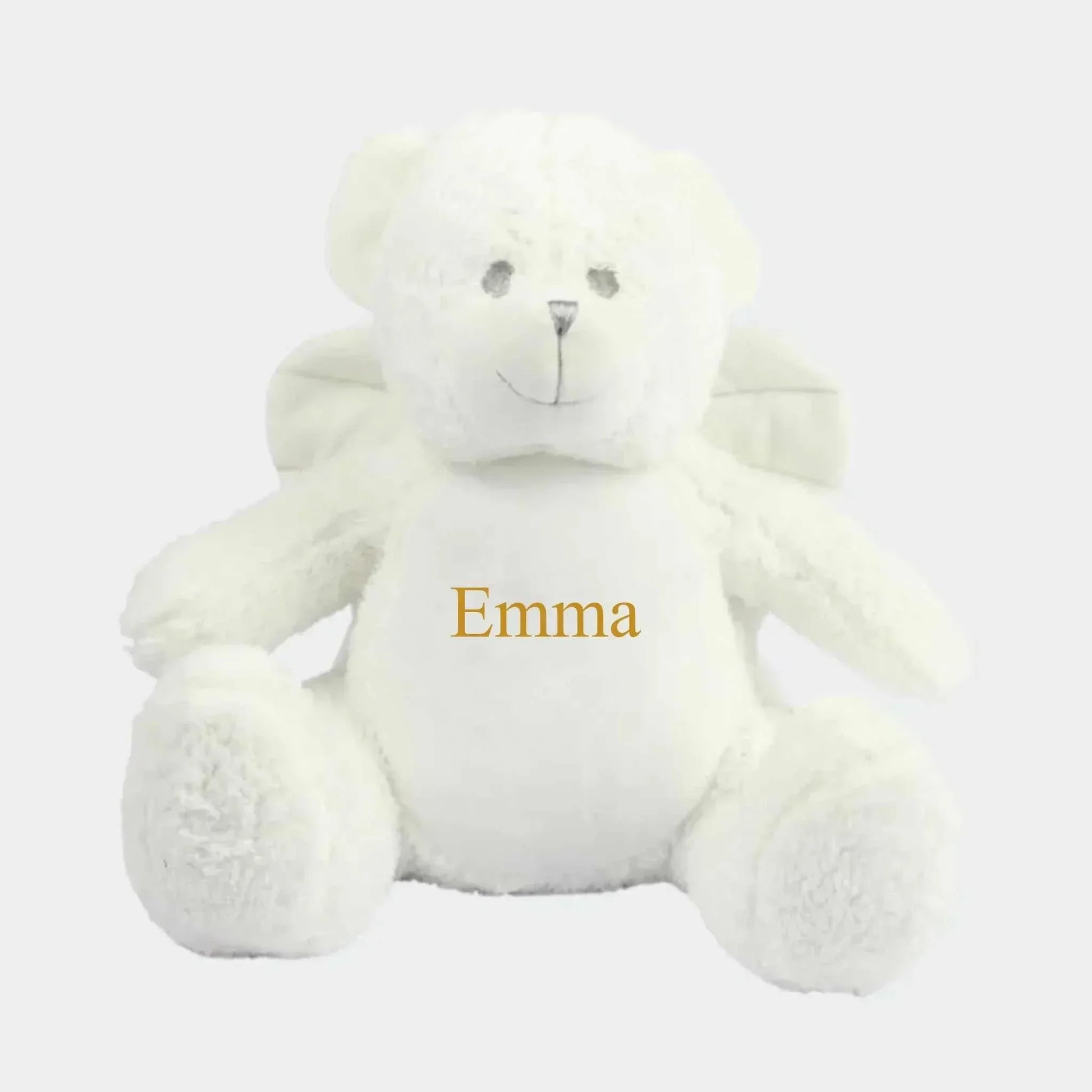 Engel bamse med navn og data broderet på bamsen Customizer TeeInBlue Navn 54654654 42cm