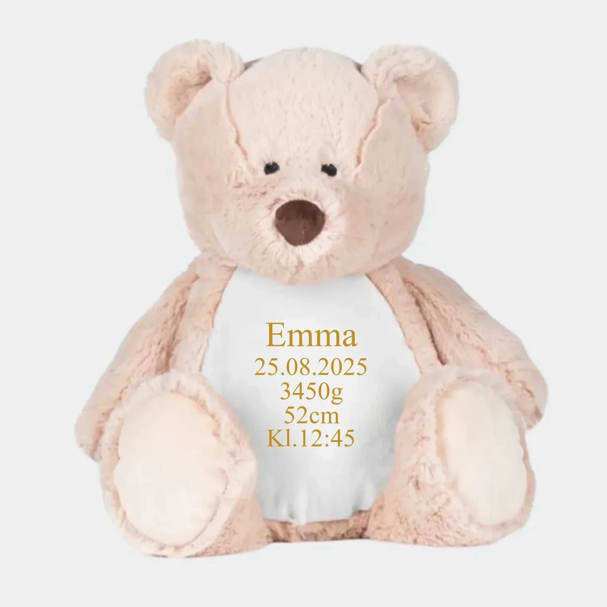 Classik bamse med navn og data broderet på bamsen Customizer TeeInBlue Navn+Dato+Længde+Vægt+Klokkeslet 544 42cm