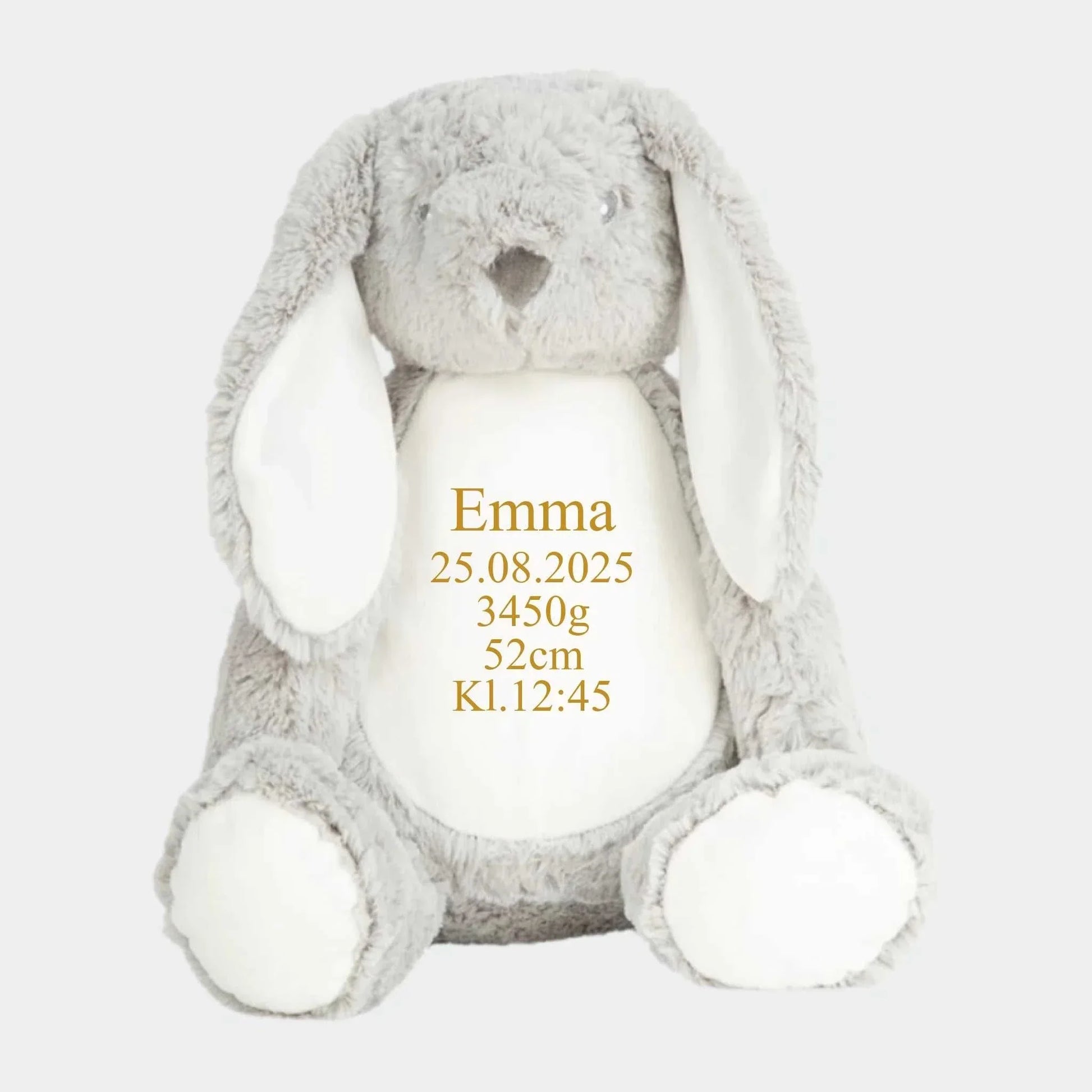 Grå kanin bamse Customizer Min Egen Verden.dk Navn+Dato+Længde+Vægt+Klokkeslet 544 42cm