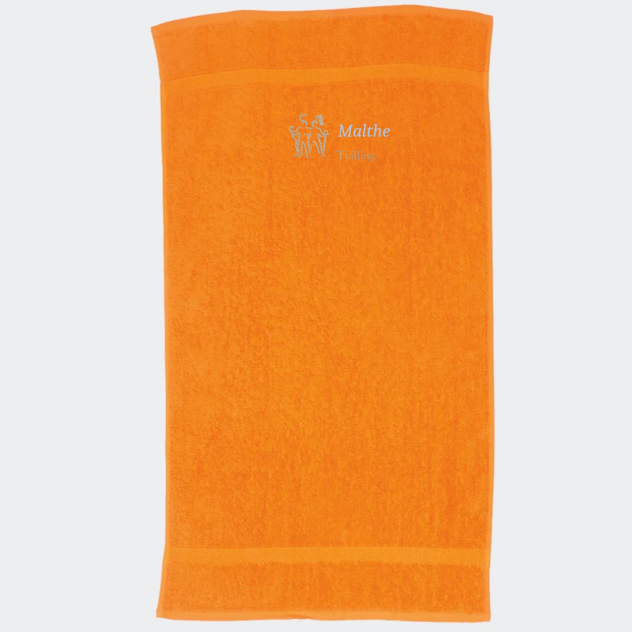 Håndklæde med stjernetegn og navn – Tvilling, flere linjer orange 50x90
