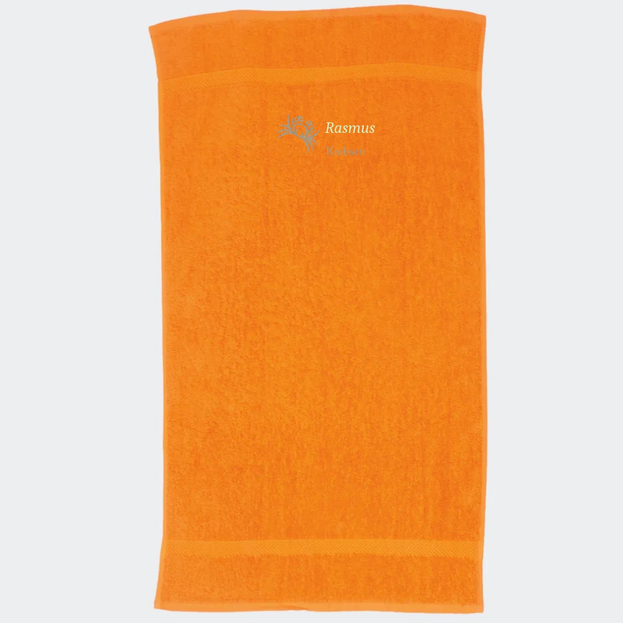 Håndklæde med stjernetegn og navn – Krebsen, flere linjer orange 50x90