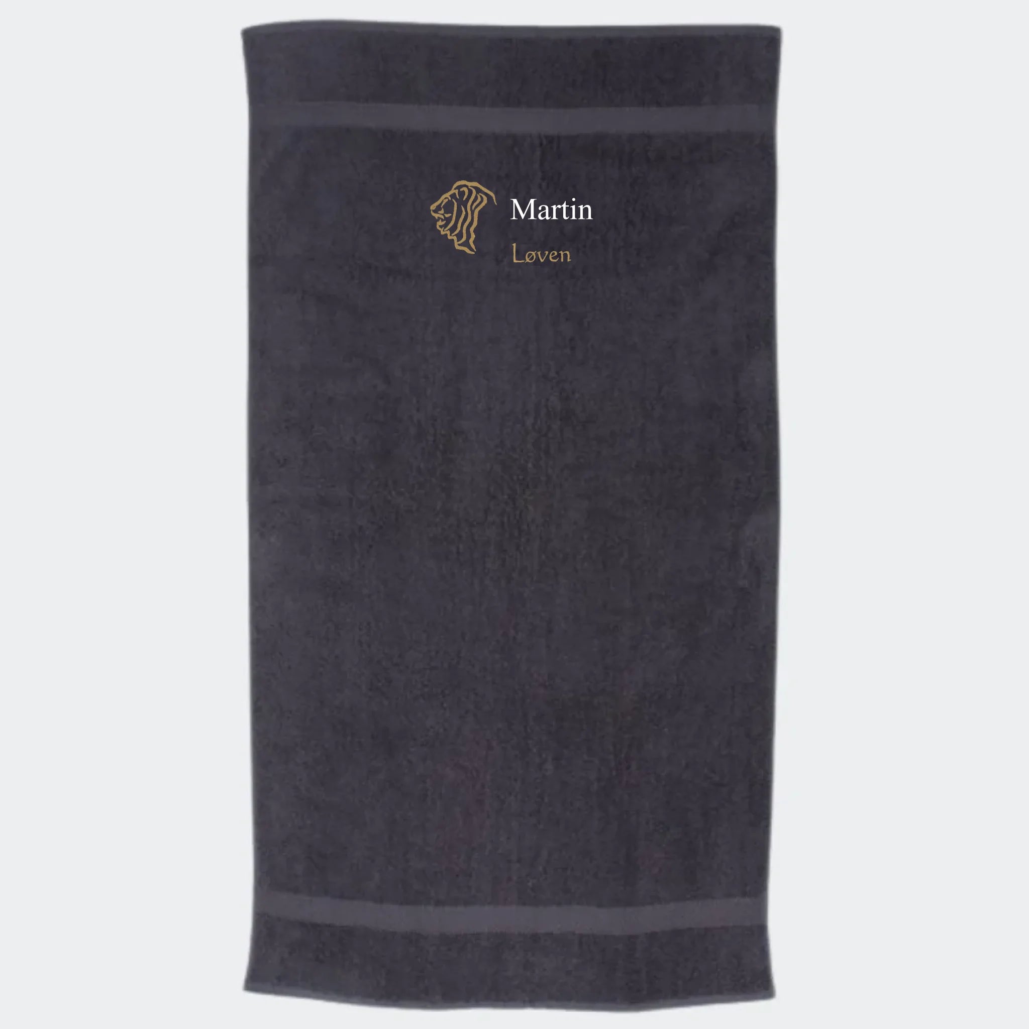 Håndklæde med stjernetegn og navn – Løven, flere linjer Mørkegrå 50x90
