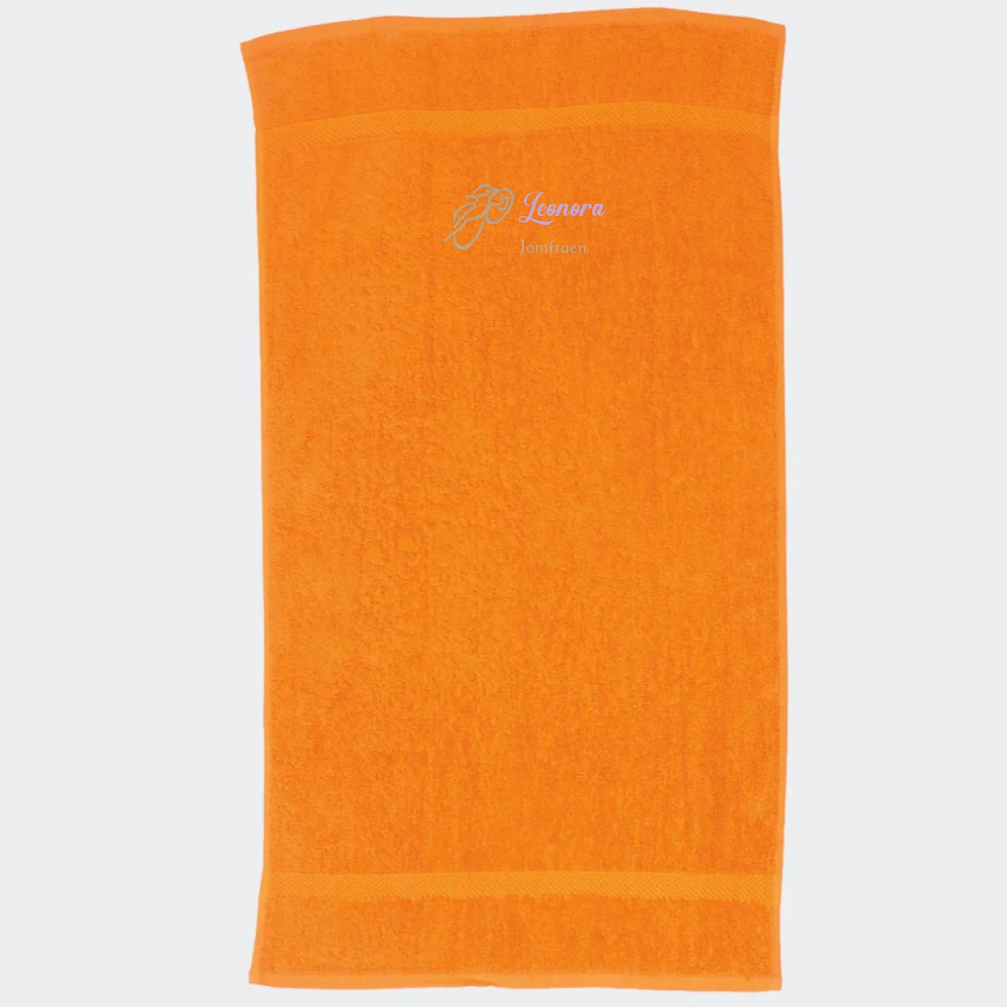 Håndklæde med stjernetegn og navn – Jomfruen, flere linjer orange 50x90