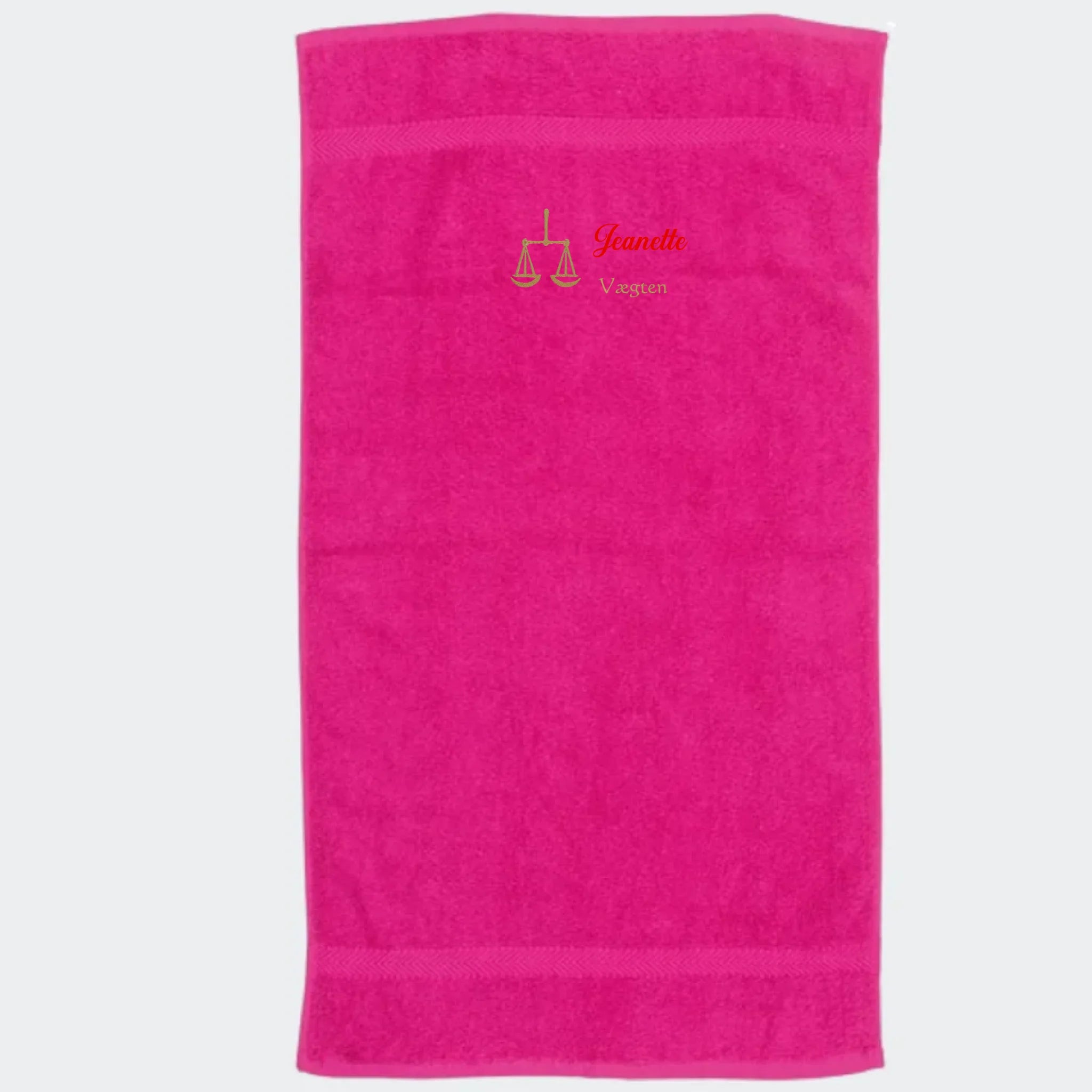 Håndklæde med stjernetegn og navn – Vægten, flere linjer Fuchsia 50x90