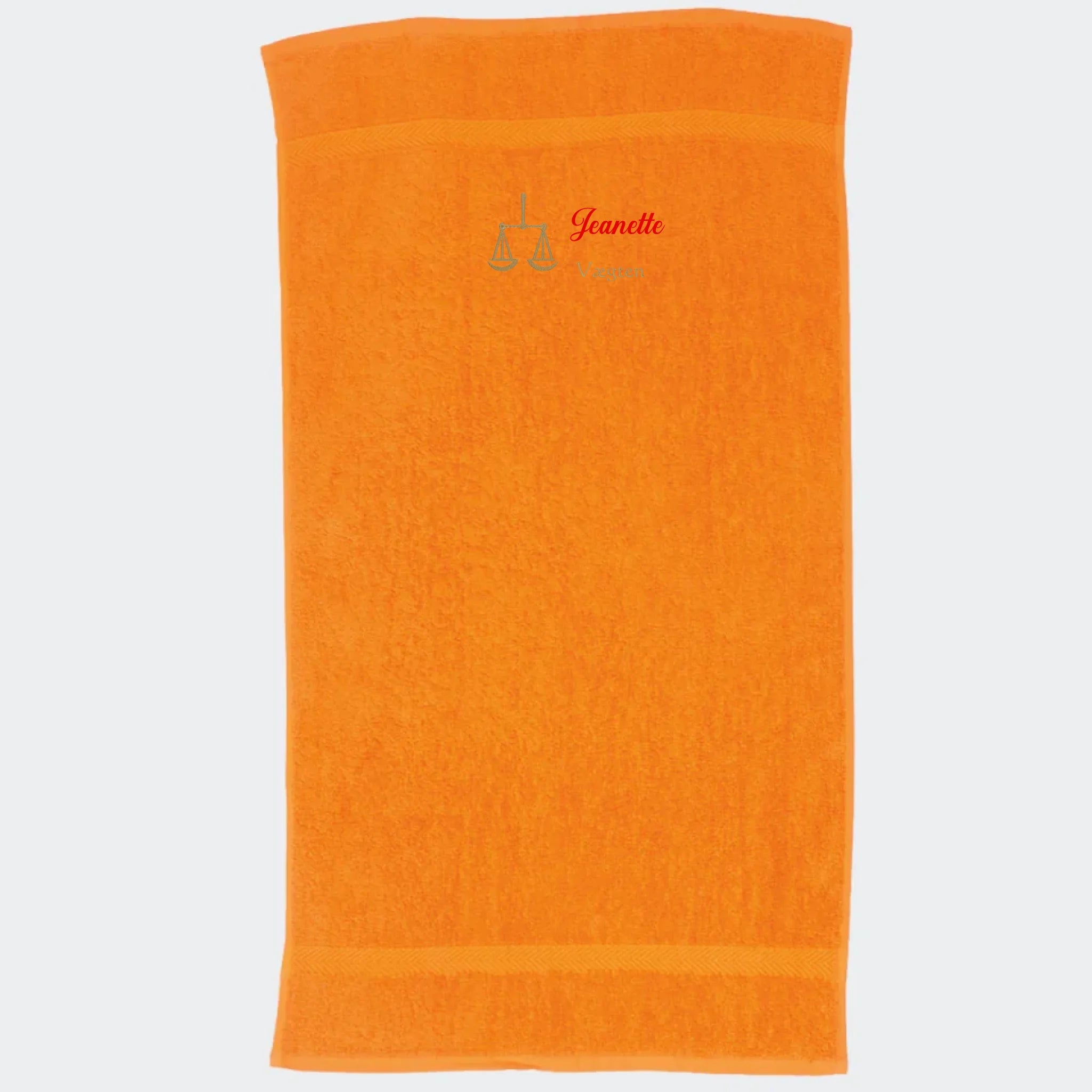 Håndklæde med stjernetegn og navn – Vægten, flere linjer orange 50x90