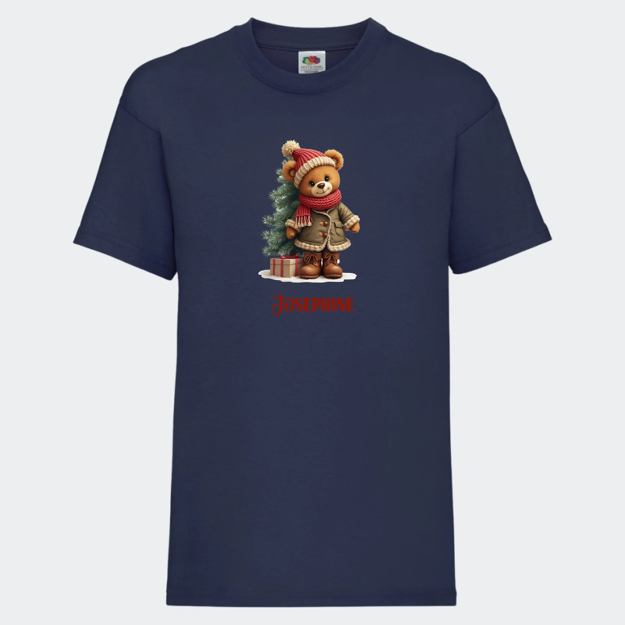 T-shirt til børn – Bamsebjørn jul, T-shirt tryk foran marineblå 3-4 år