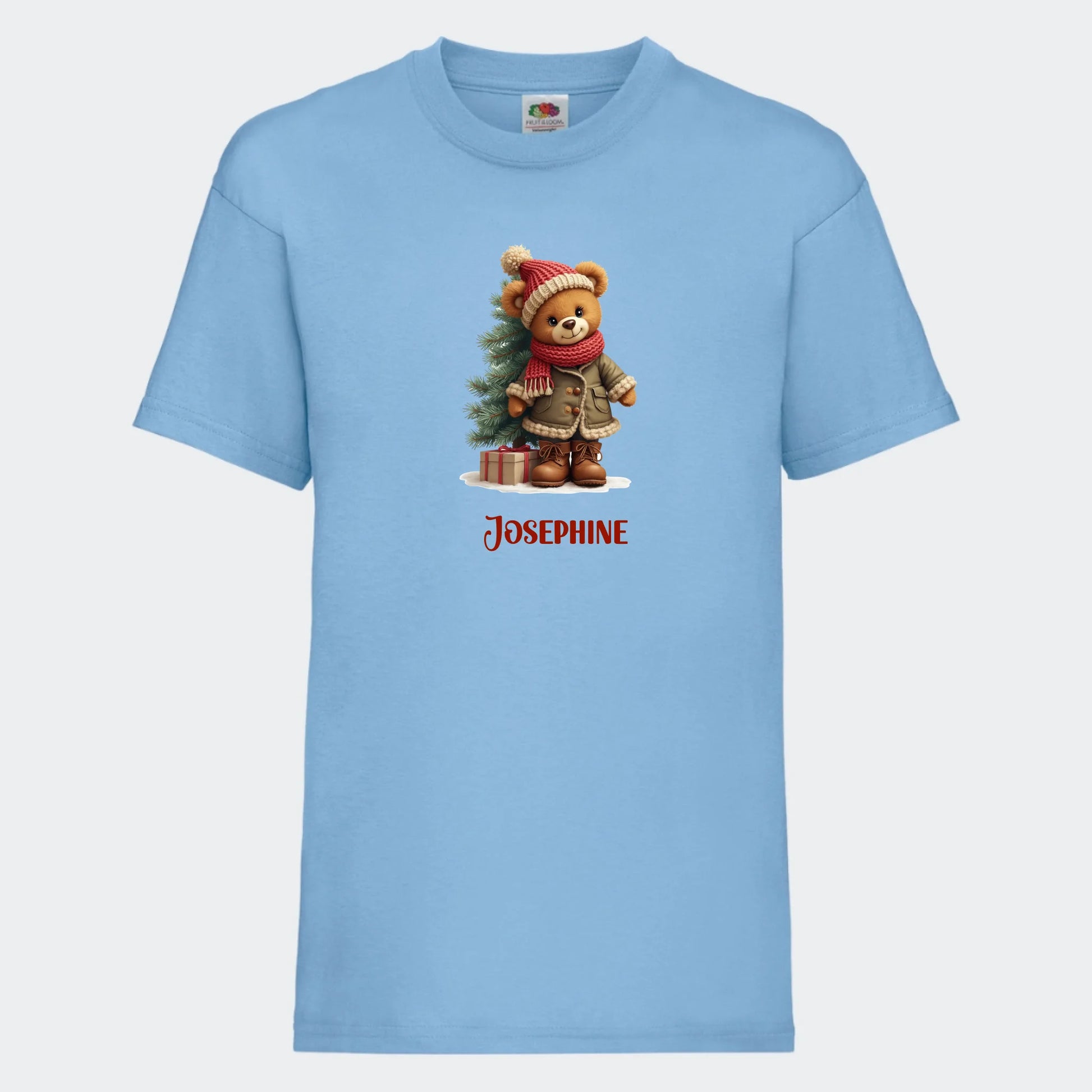 T-shirt til børn - Bamsebjørn jul Customizer TeeInBlue T-shirt Print på front Lyseblå 3-4 år