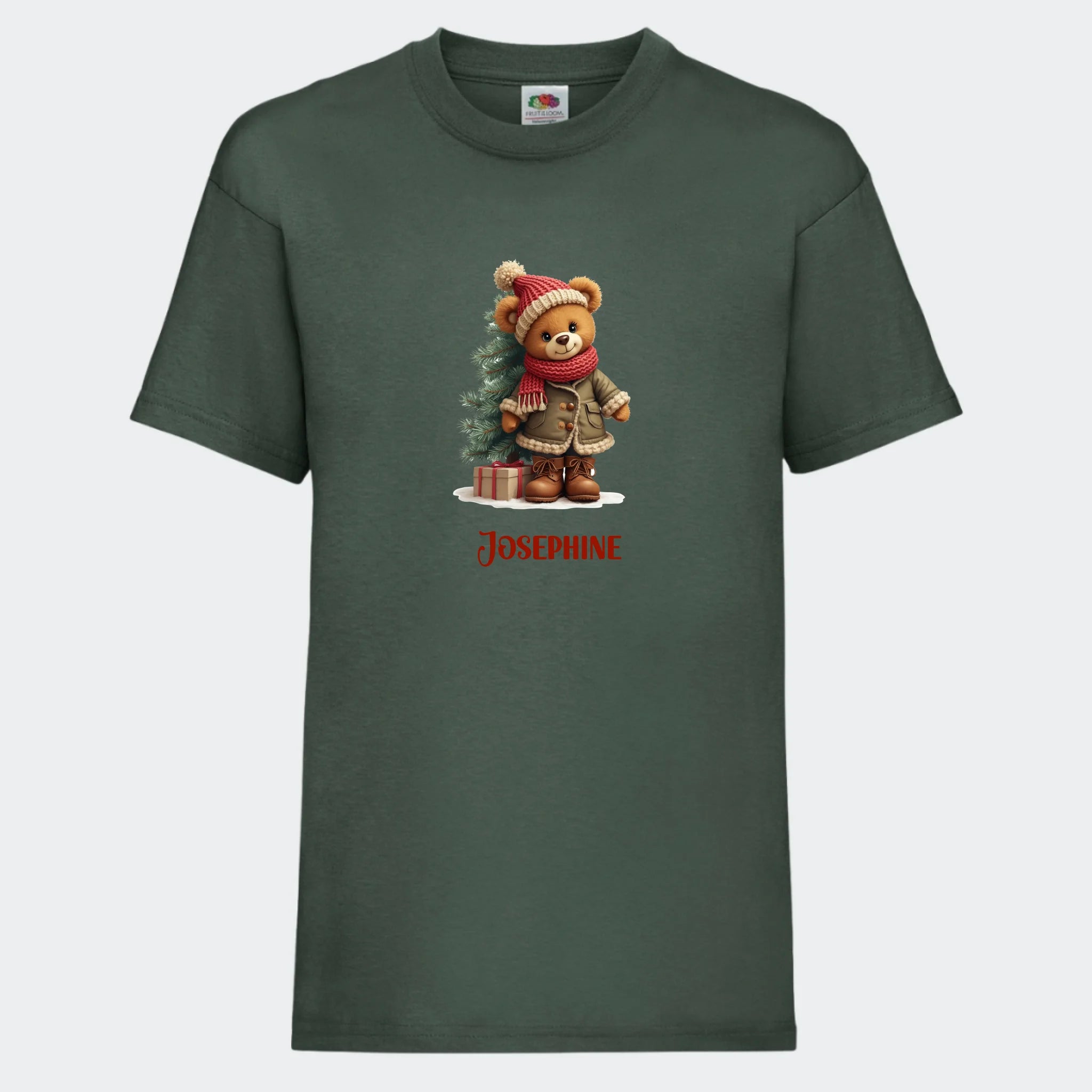 T-shirt til børn – Bamsebjørn jul, T-shirt tryk foran Mørkegrøn 3-4 år