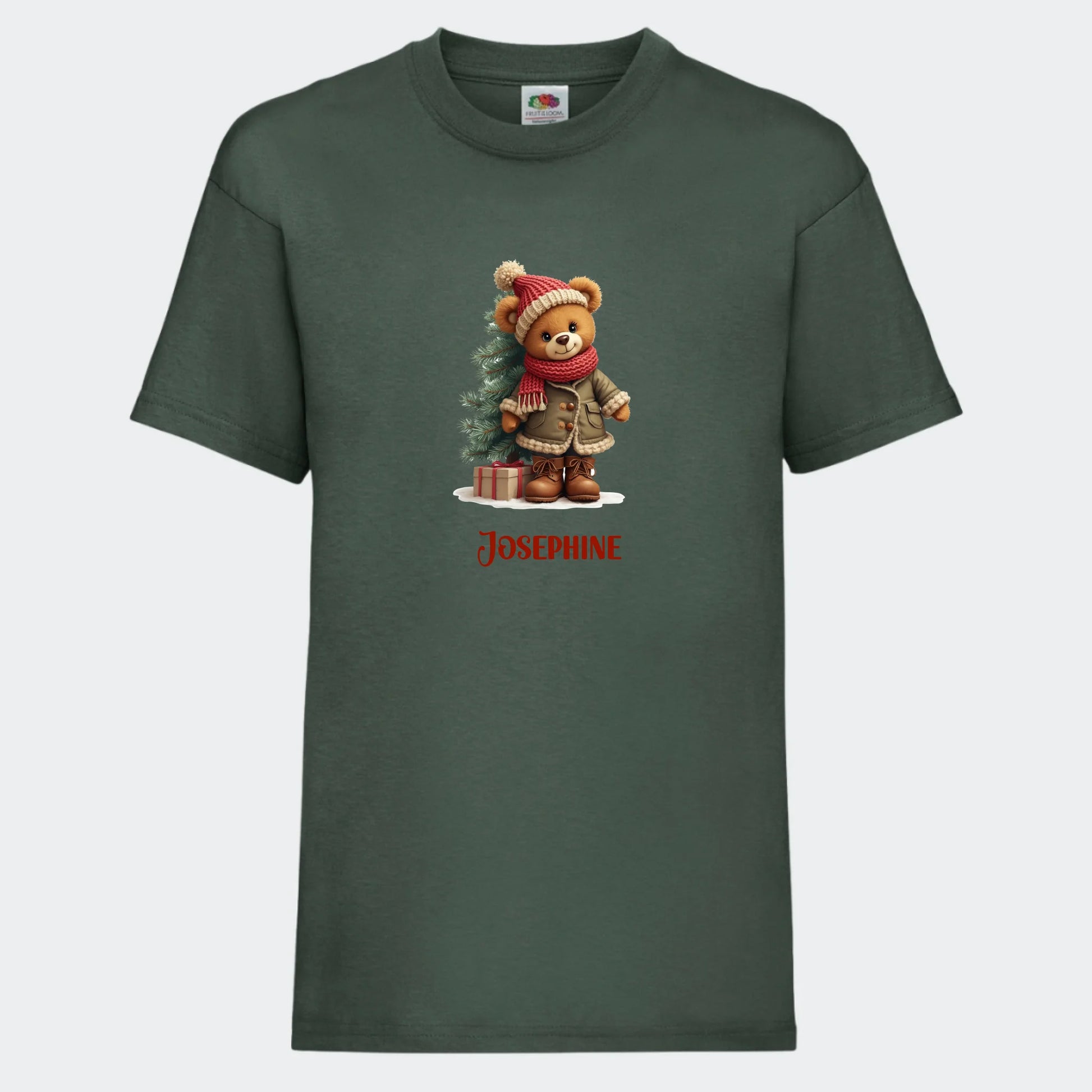 T-shirt til børn - Bamsebjørn jul Customizer TeeInBlue T-shirt Print på front Mørkegrøn 3-4 år