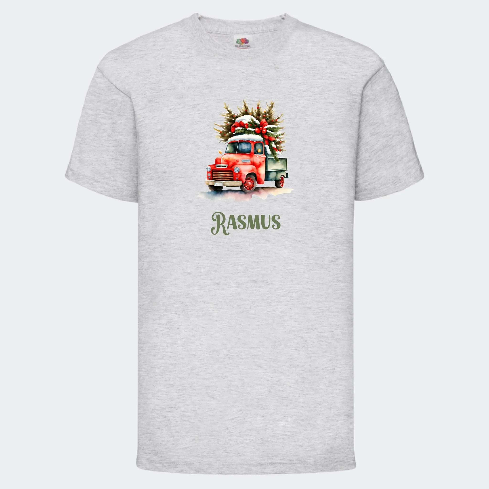 T-shirt til børn – Bil med juletræ, T-shirt tryk foran Lysegrå 3-4 år
