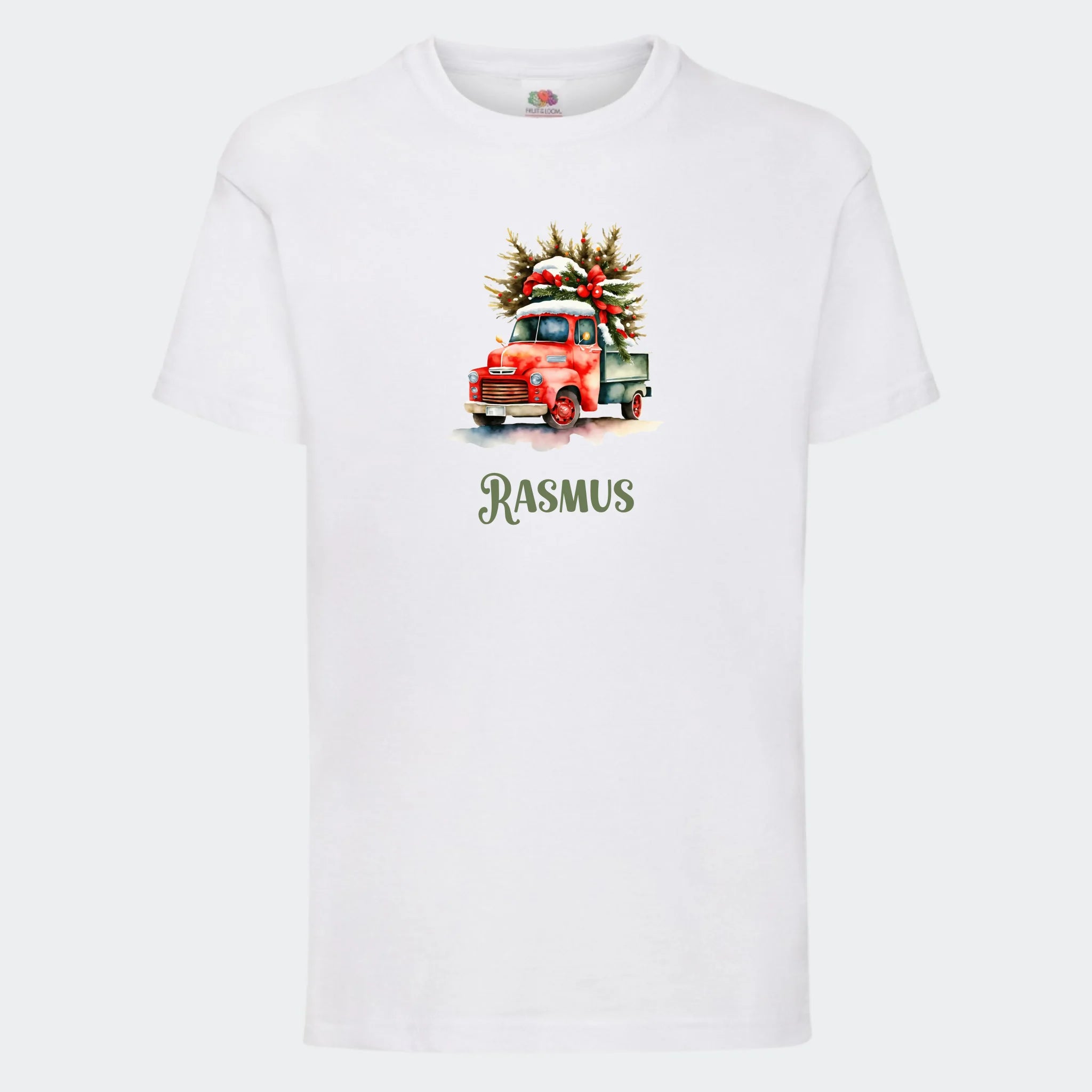 T-shirt til børn – Bil med juletræ, T-shirt tryk foran Hvid 3-4 år