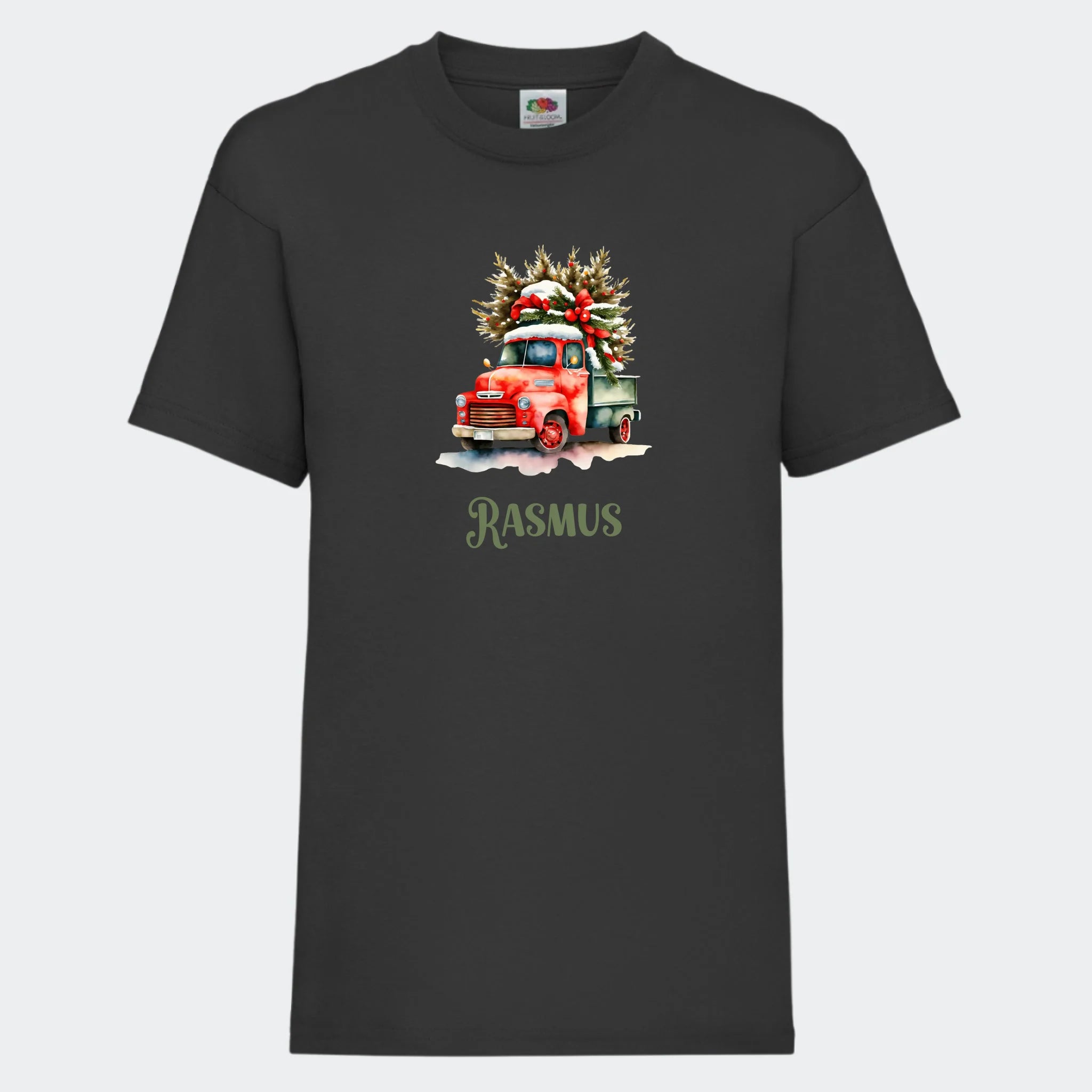 T-shirt til børn – Bil med juletræ, T-shirt tryk foran Sort 3-4 år