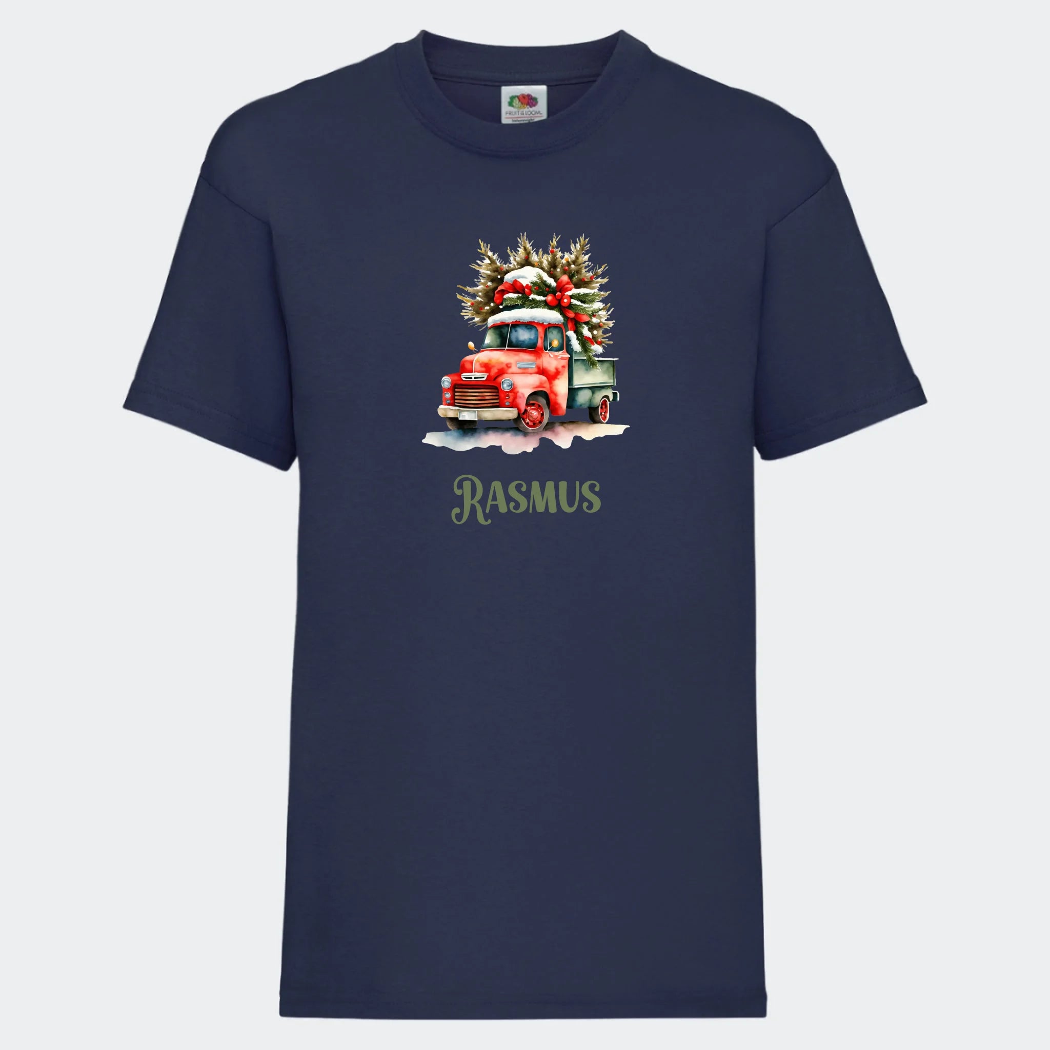 T-shirt til børn – Bil med juletræ, T-shirt tryk foran marineblå 3-4 år