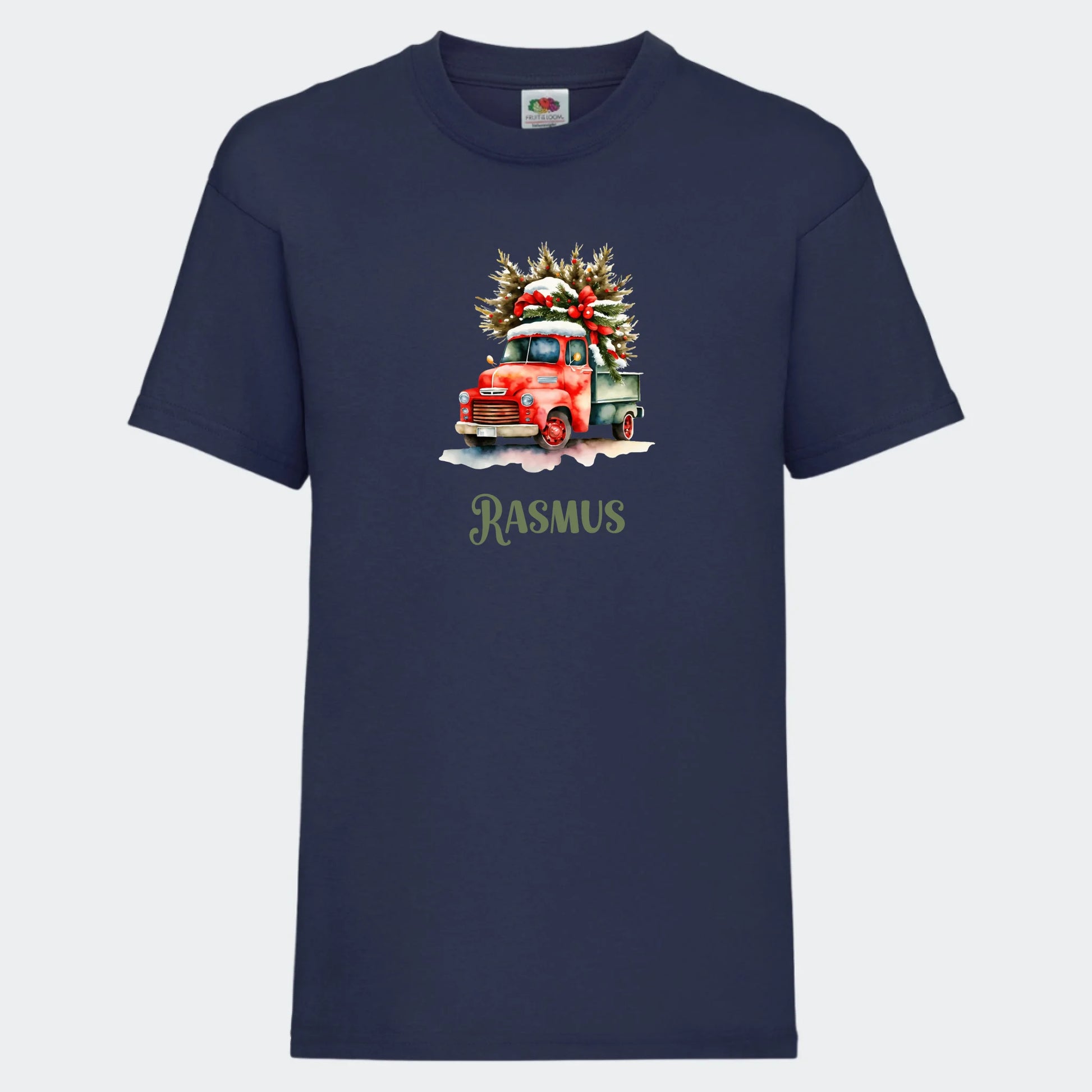T-shirt til børn - Bil med juletræ Customizer TeeInBlue T-shirt Print på front Navy 3-4 år