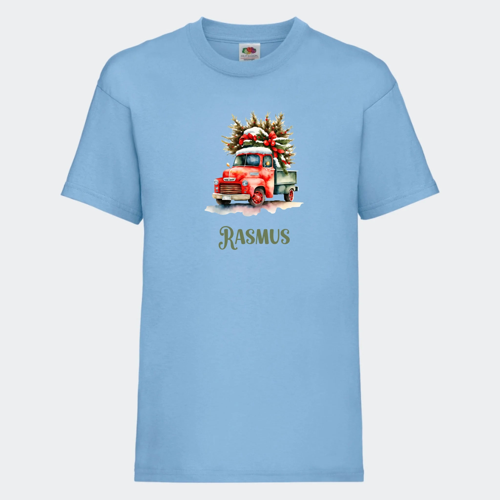 T-shirt til børn – Bil med juletræ, T-shirt tryk foran Lyseblå 3-4 år