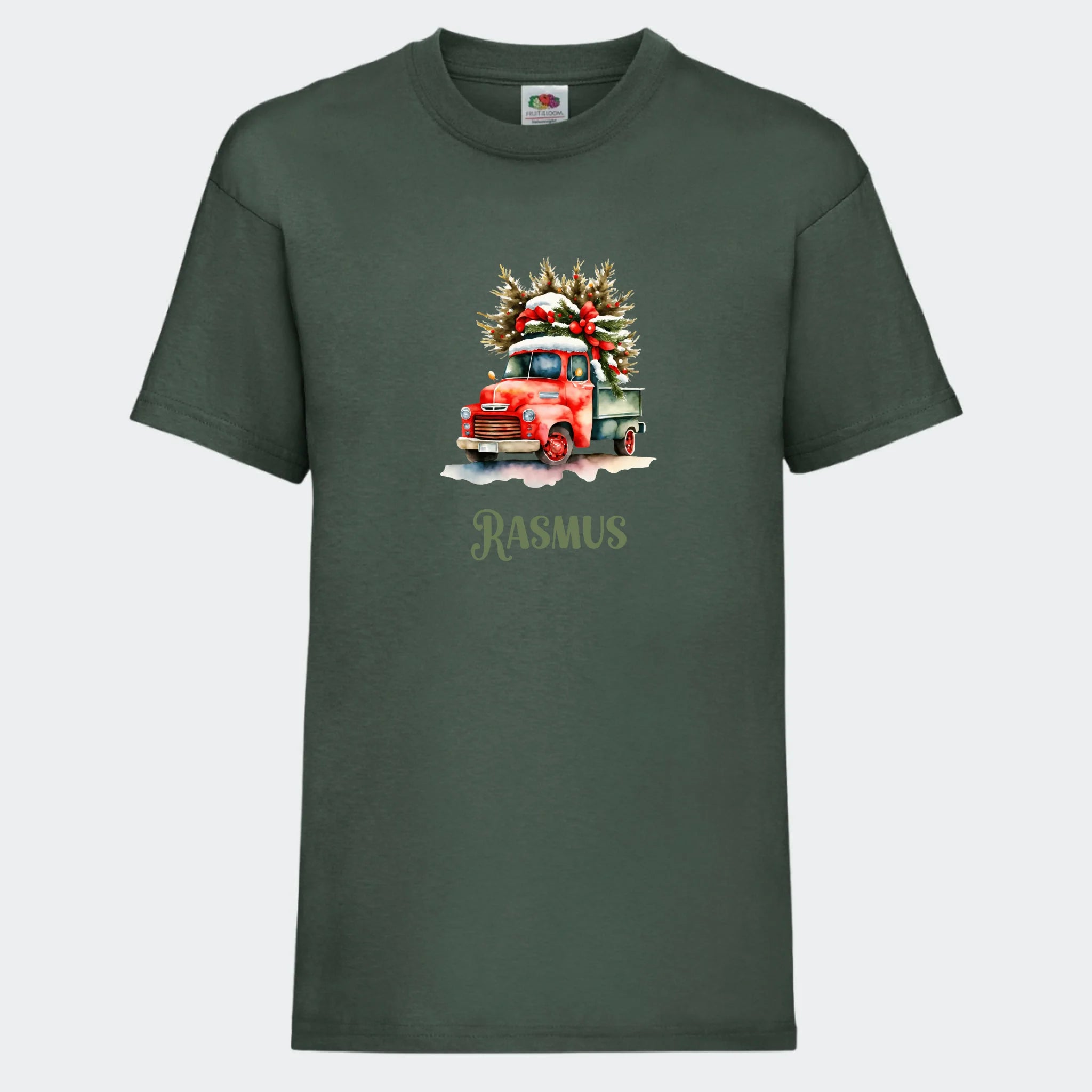 T-shirt til børn – Bil med juletræ, T-shirt tryk foran Mørkegrøn 3-4 år