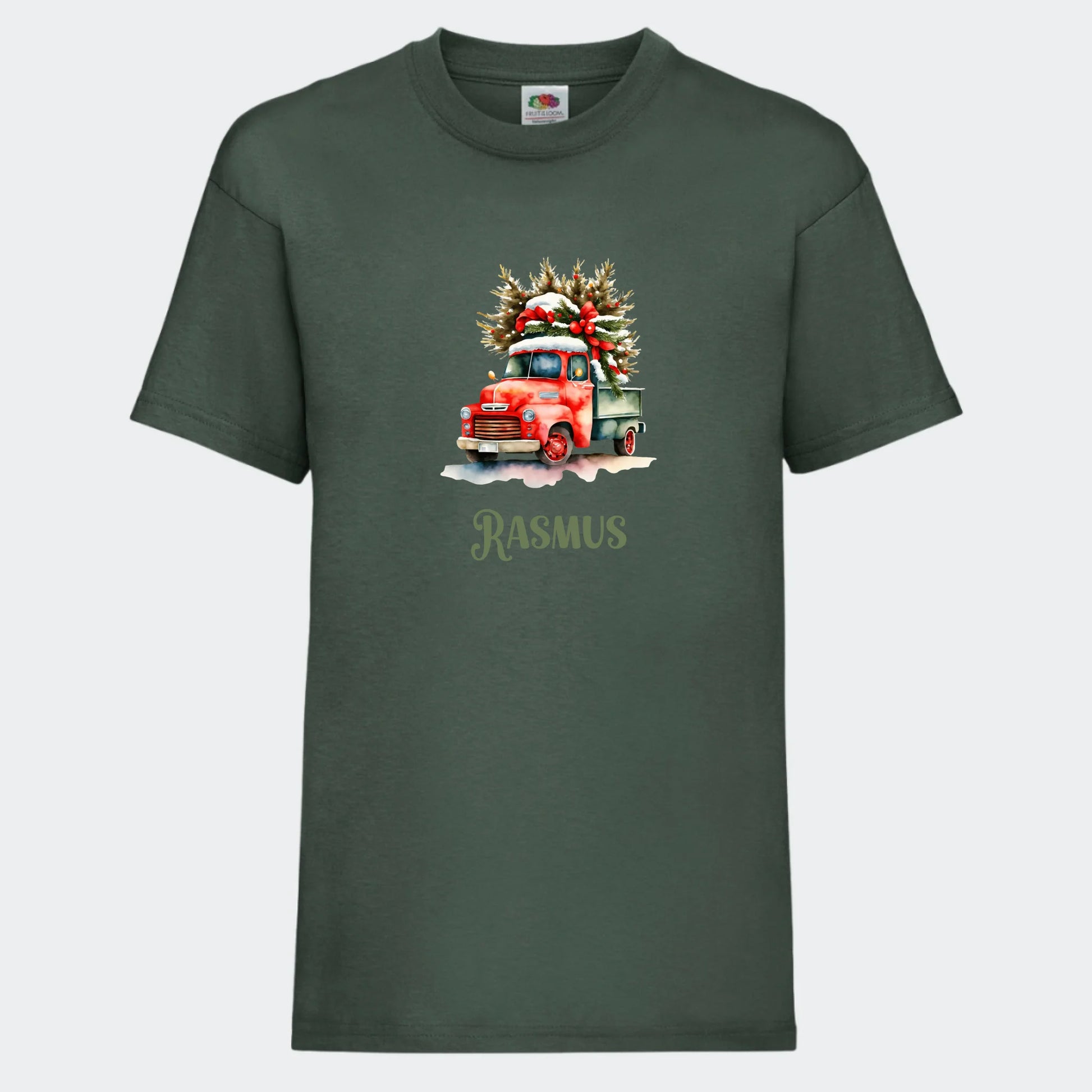 T-shirt til børn - Bil med juletræ Customizer TeeInBlue T-shirt Print på front Mørkegrøn 3-4 år