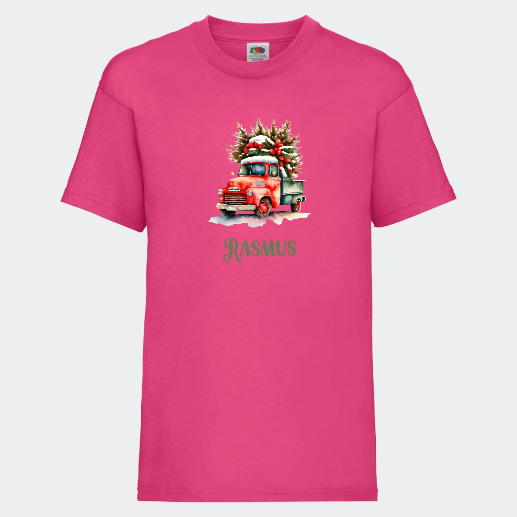 T-shirt til børn – Bil med juletræ, T-shirt tryk foran Fuchsia 3-4 år