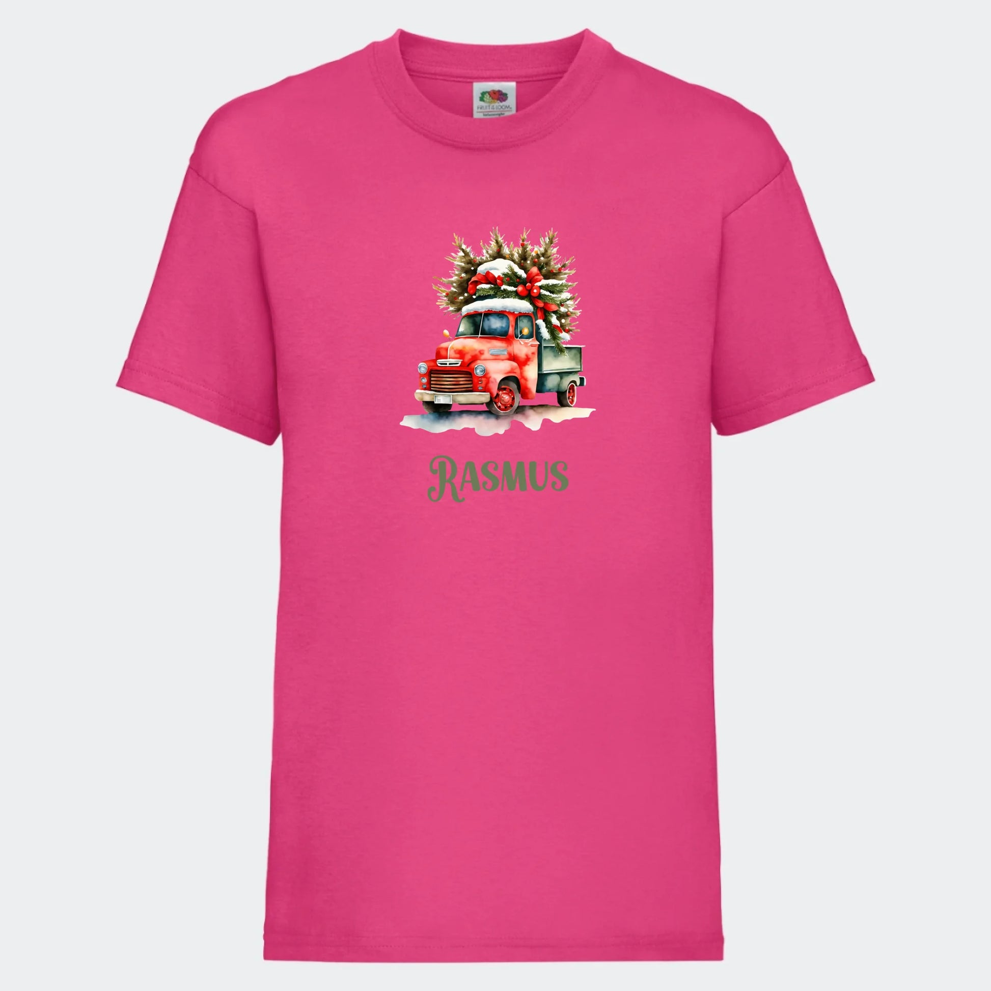 T-shirt til børn - Bil med juletræ Customizer TeeInBlue T-shirt Print på front Fuchsia 3-4 år