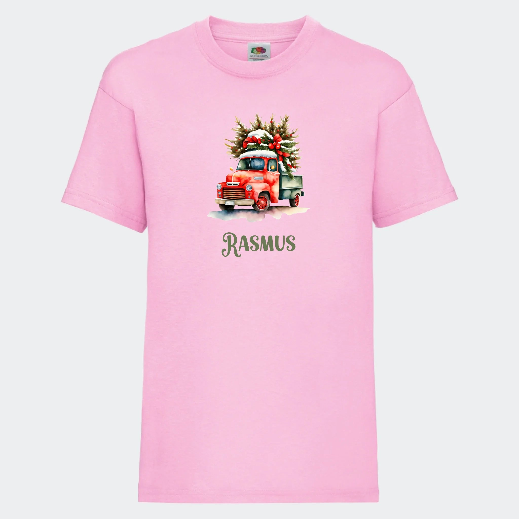T-shirt til børn – Bil med juletræ, T-shirt tryk foran Lyserød 3-4 år