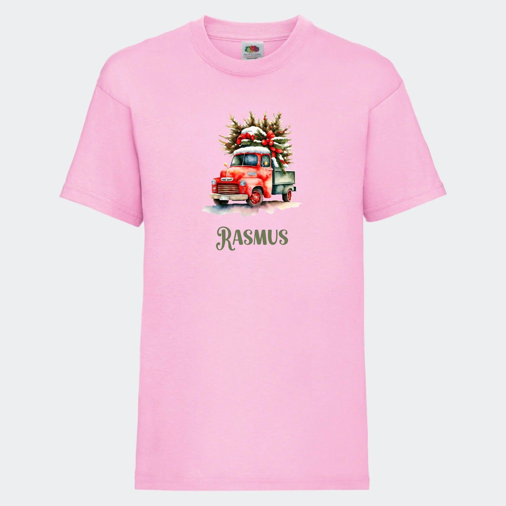 T-shirt til børn - Bil med juletræ Customizer TeeInBlue T-shirt Print på front Lyserød 3-4 år