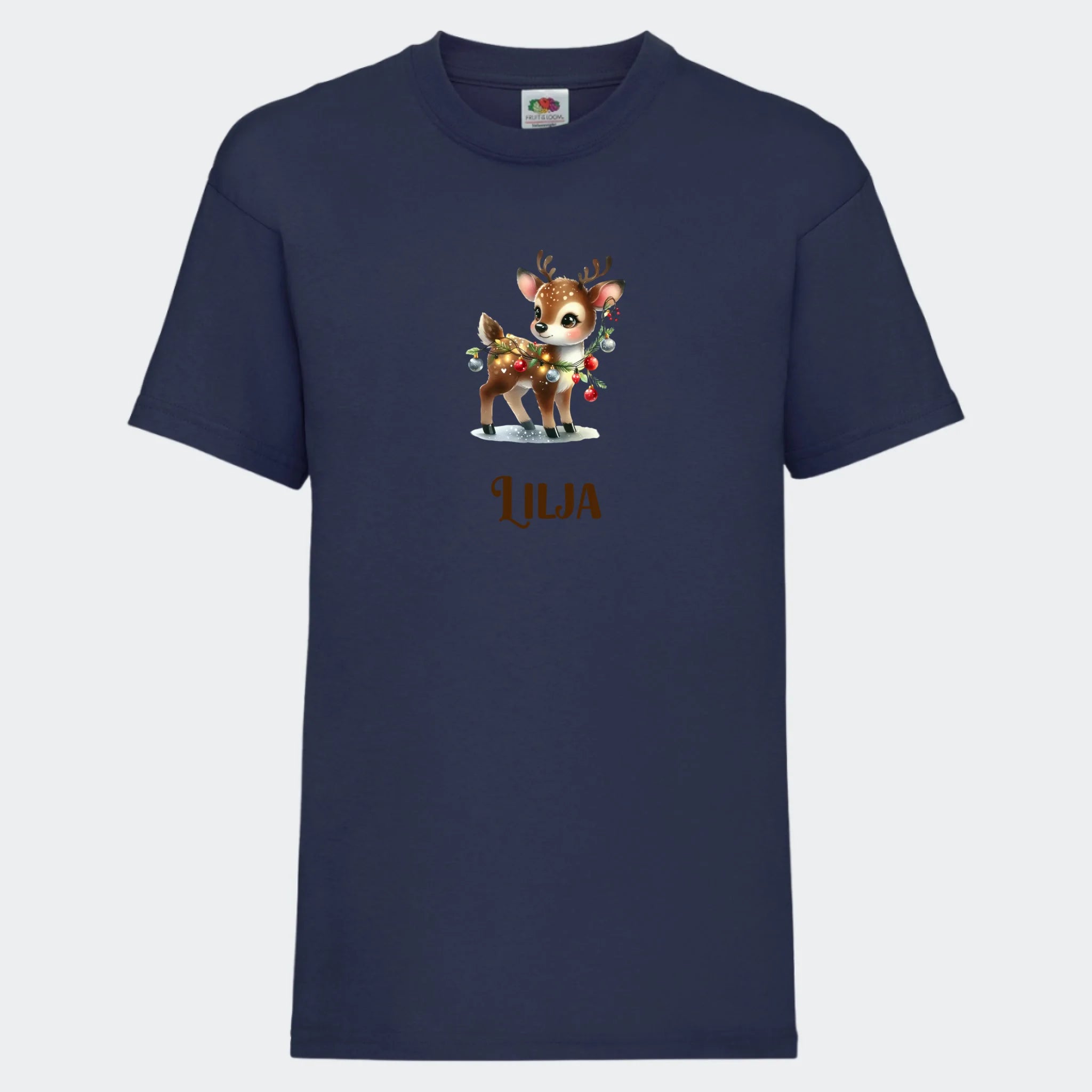 T-shirt til børn – Søde julerensdyr, T-shirt tryk foran marineblå 3-4 år