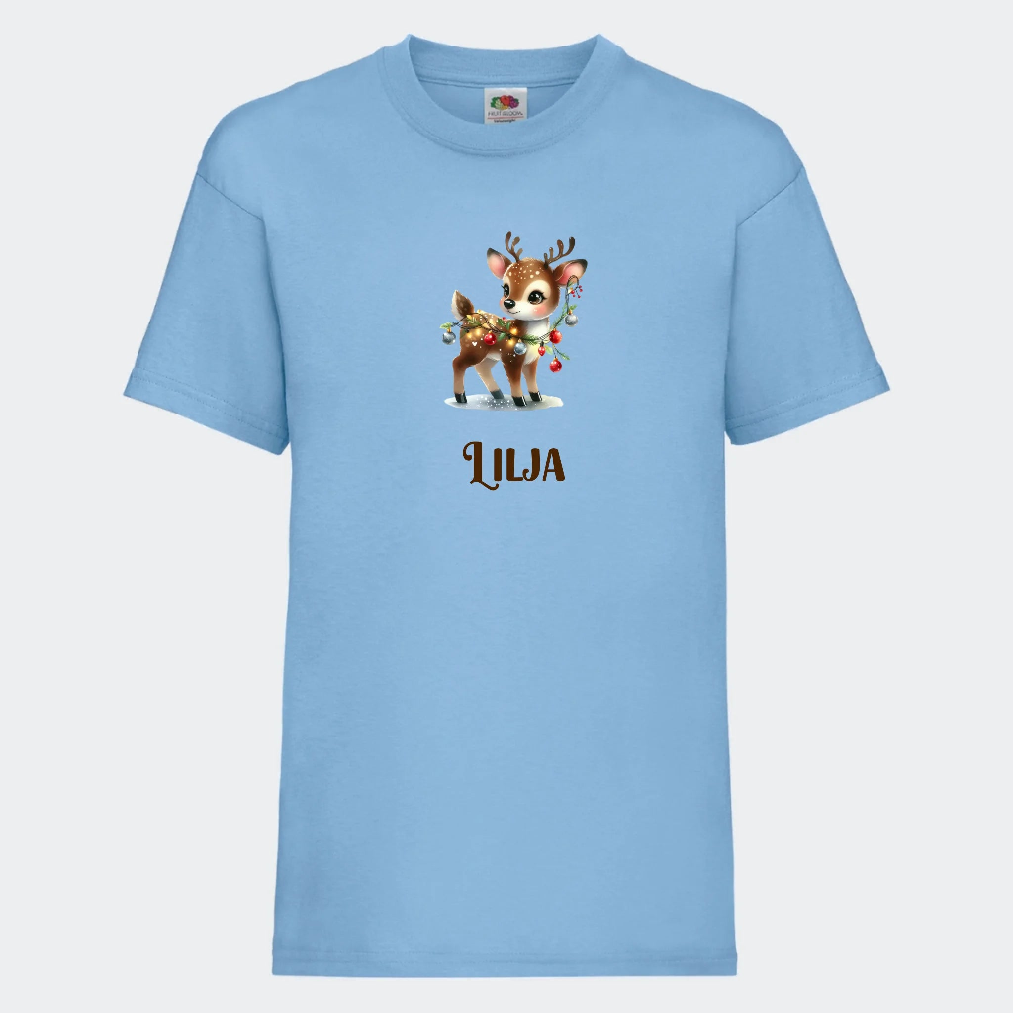 T-shirt til børn – Søde julerensdyr, T-shirt tryk foran Lyseblå 3-4 år
