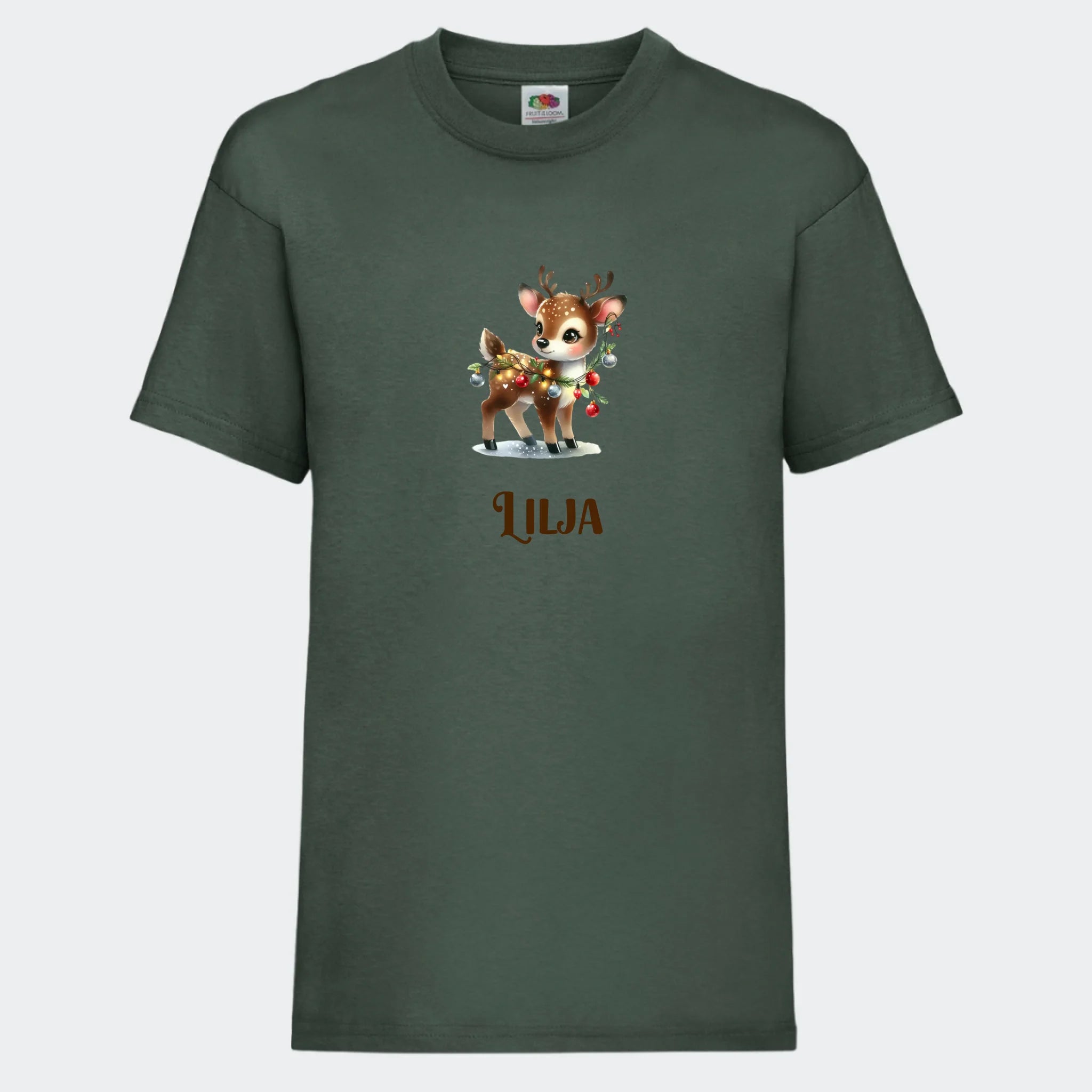 T-shirt til børn – Søde julerensdyr, T-shirt tryk foran Mørkegrøn 3-4 år