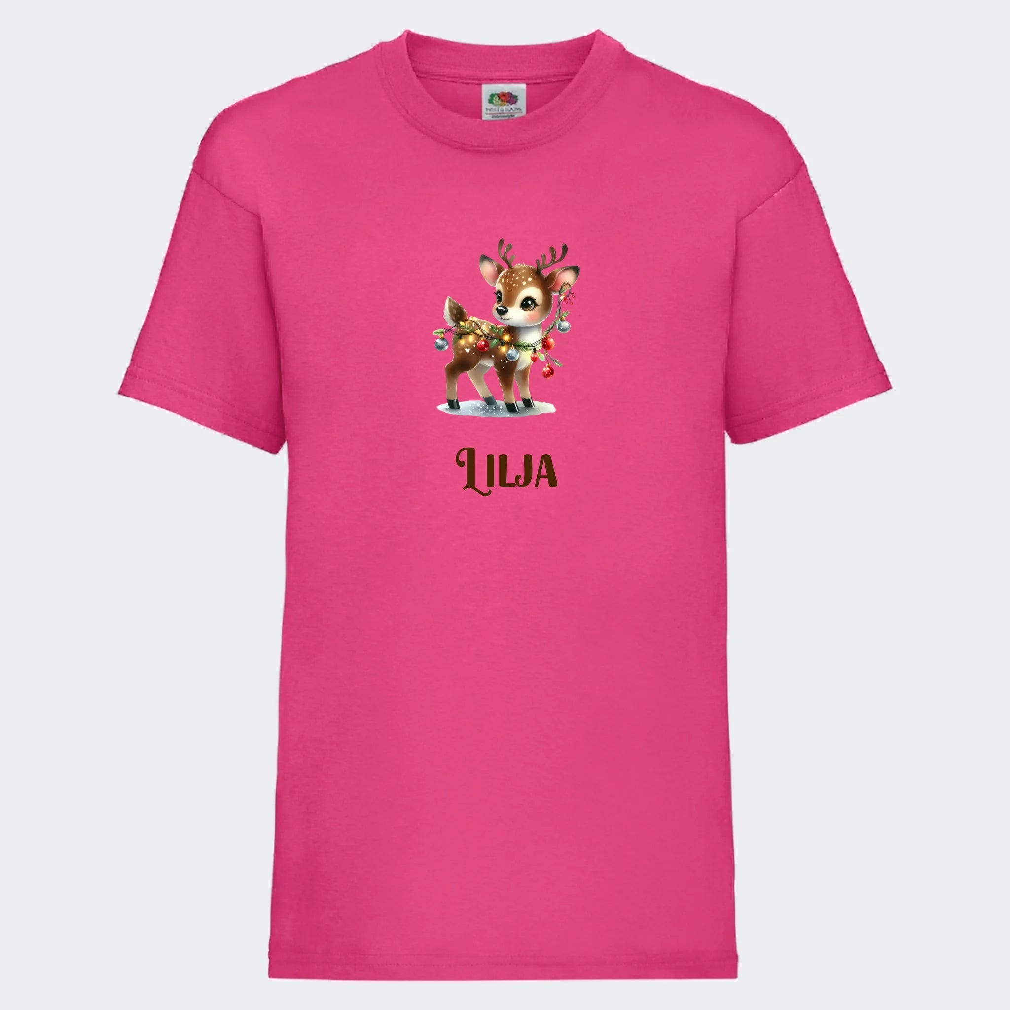 T-shirt til børn – Søde julerensdyr, T-shirt tryk foran Fuchsia 3-4 år