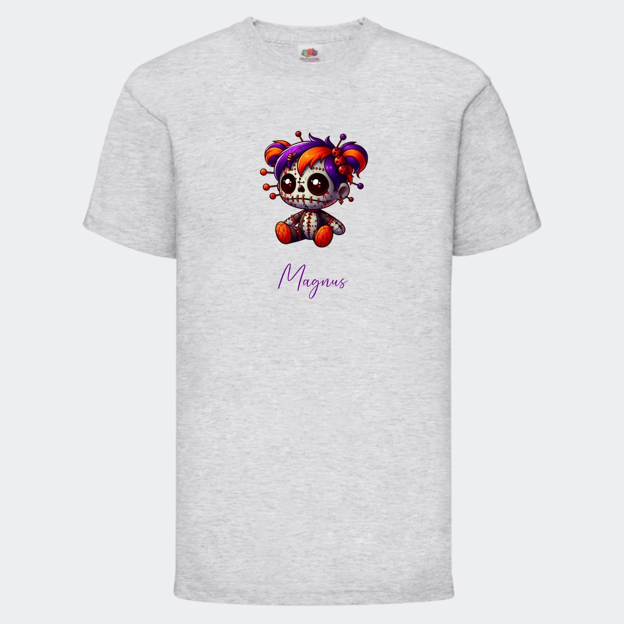 T-shirt til børn – Uhyggelig dukke, T-shirt tryk foran Lysegrå 3-4 år