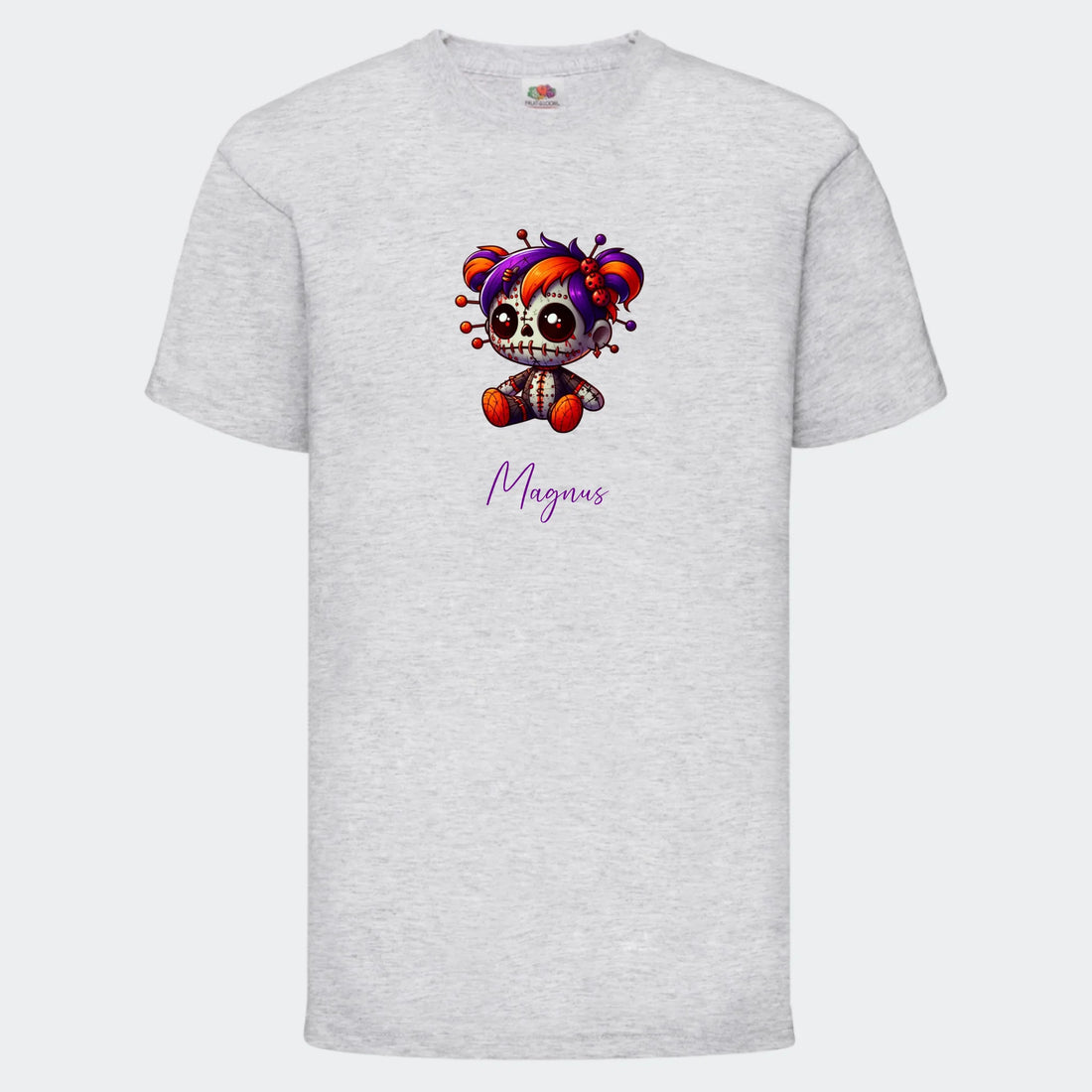 T-shirt til børn - Uhyggelig dukke Customizer TeeInBlue T-shirt Print på front Lysegrå 3-4 år