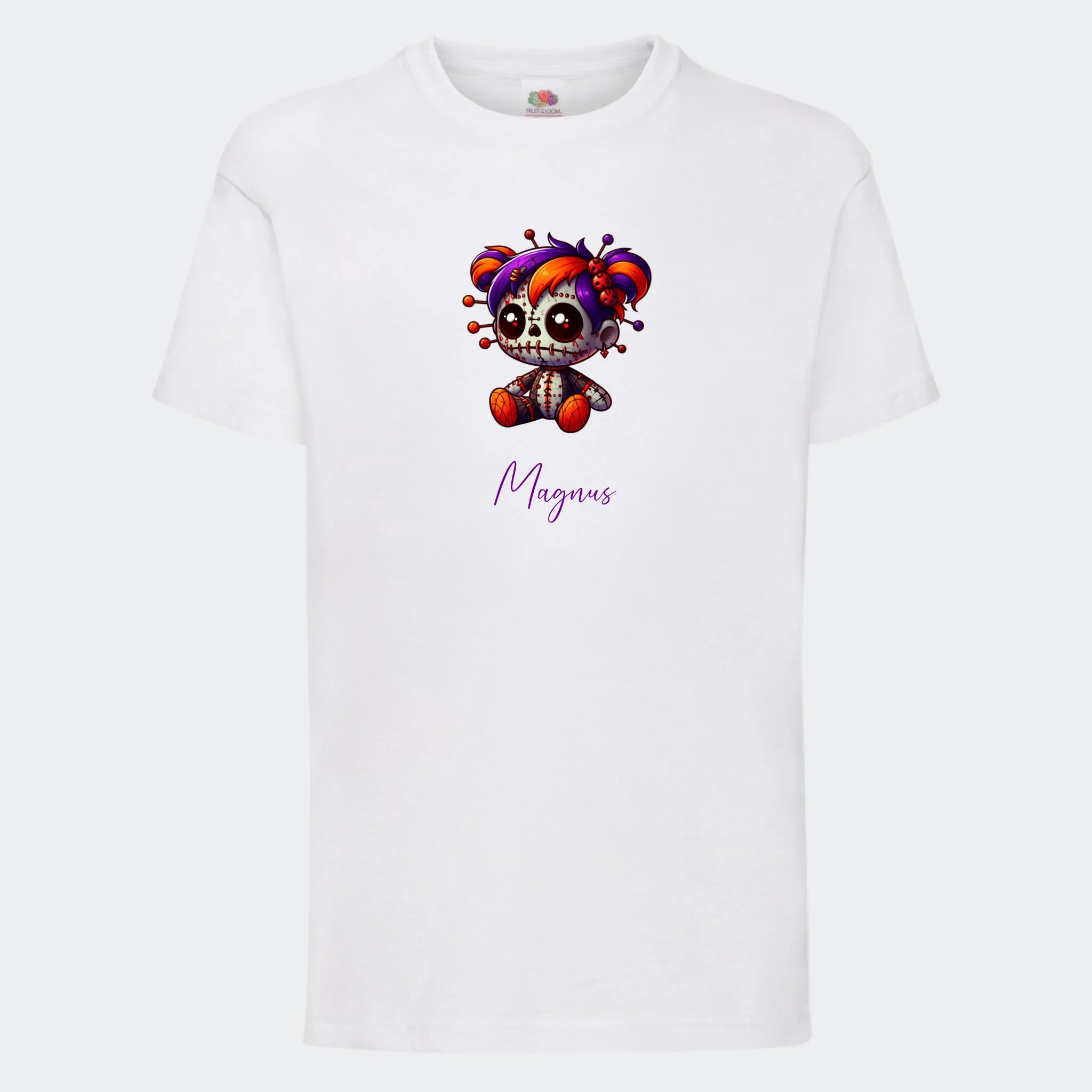 T-shirt til børn – Uhyggelig dukke, T-shirt tryk foran Hvid 3-4 år