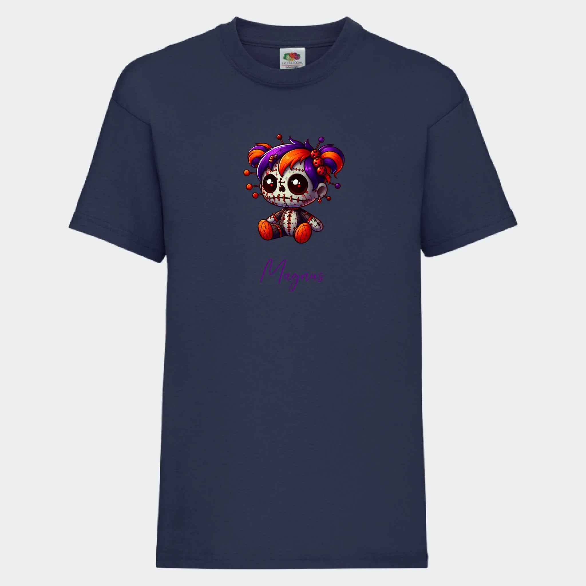 T-shirt til børn – Uhyggelig dukke, T-shirt tryk foran marineblå 3-4 år
