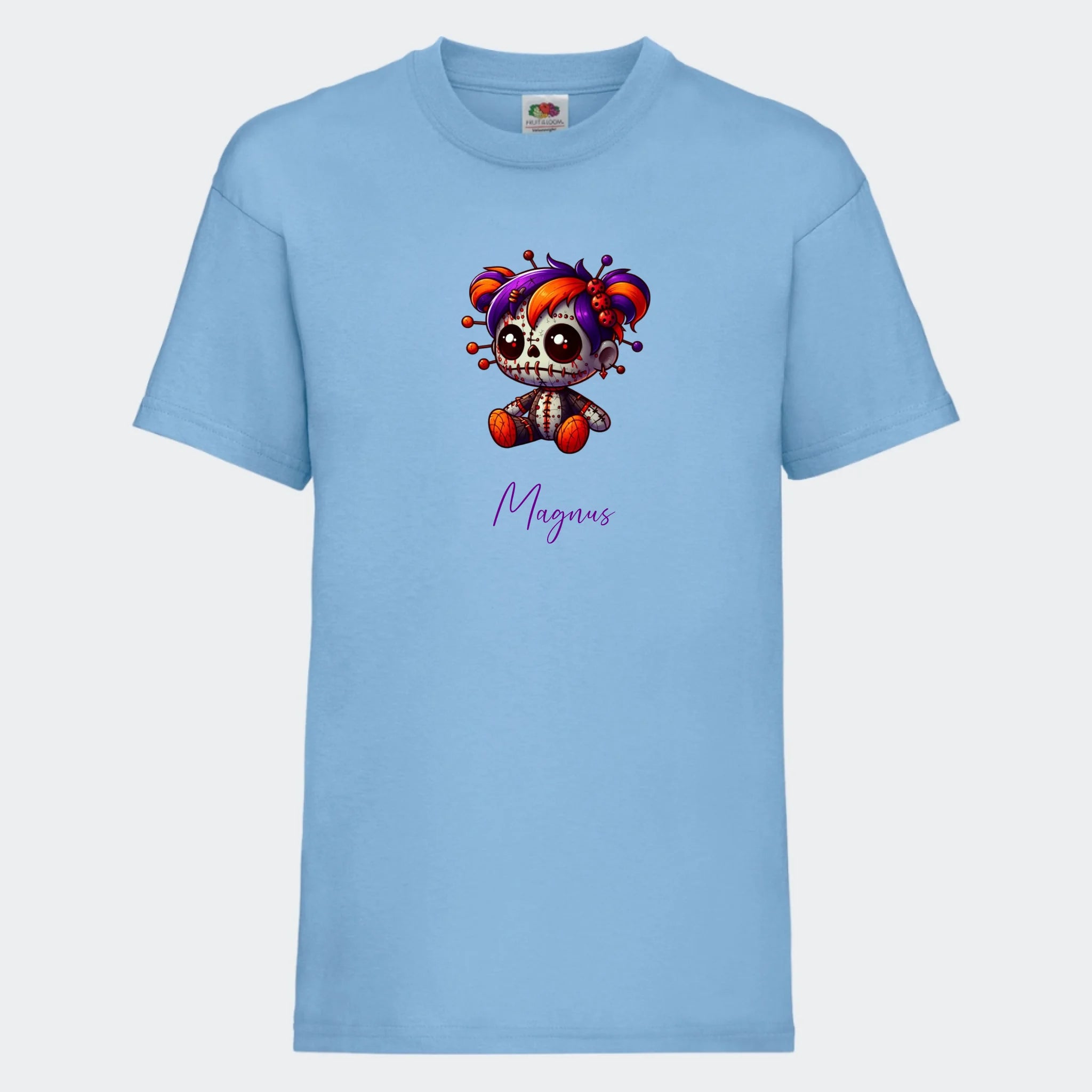 T-shirt til børn – Uhyggelig dukke, T-shirt tryk foran Lyseblå 3-4 år
