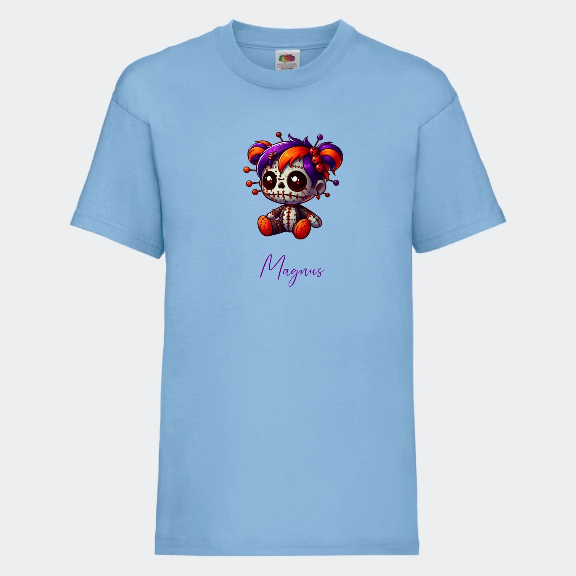 T-shirt til børn - Uhyggelig dukke Customizer TeeInBlue T-shirt Print på front Lyseblå 3-4 år