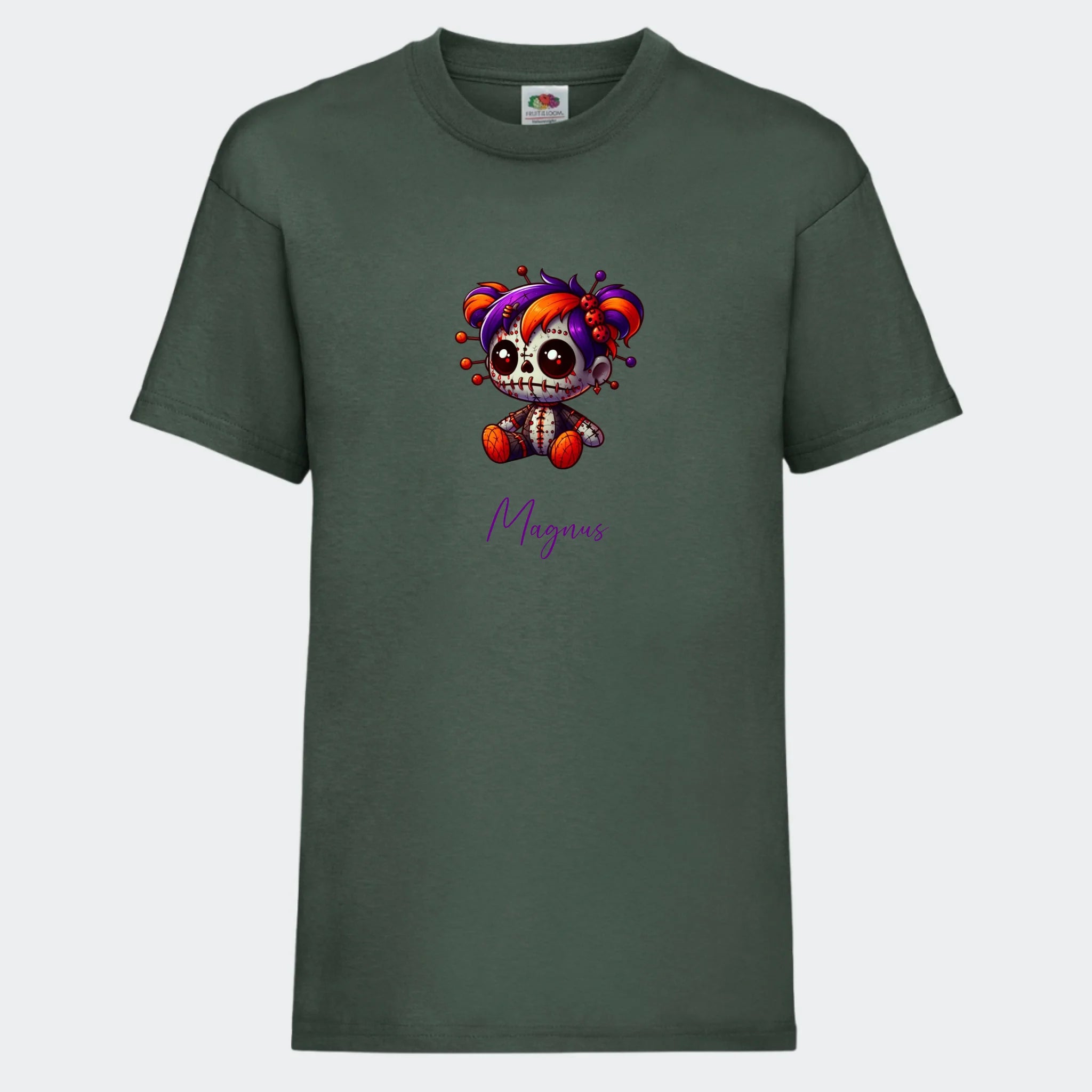 T-shirt til børn – Uhyggelig dukke, T-shirt tryk foran Mørkegrøn 3-4 år