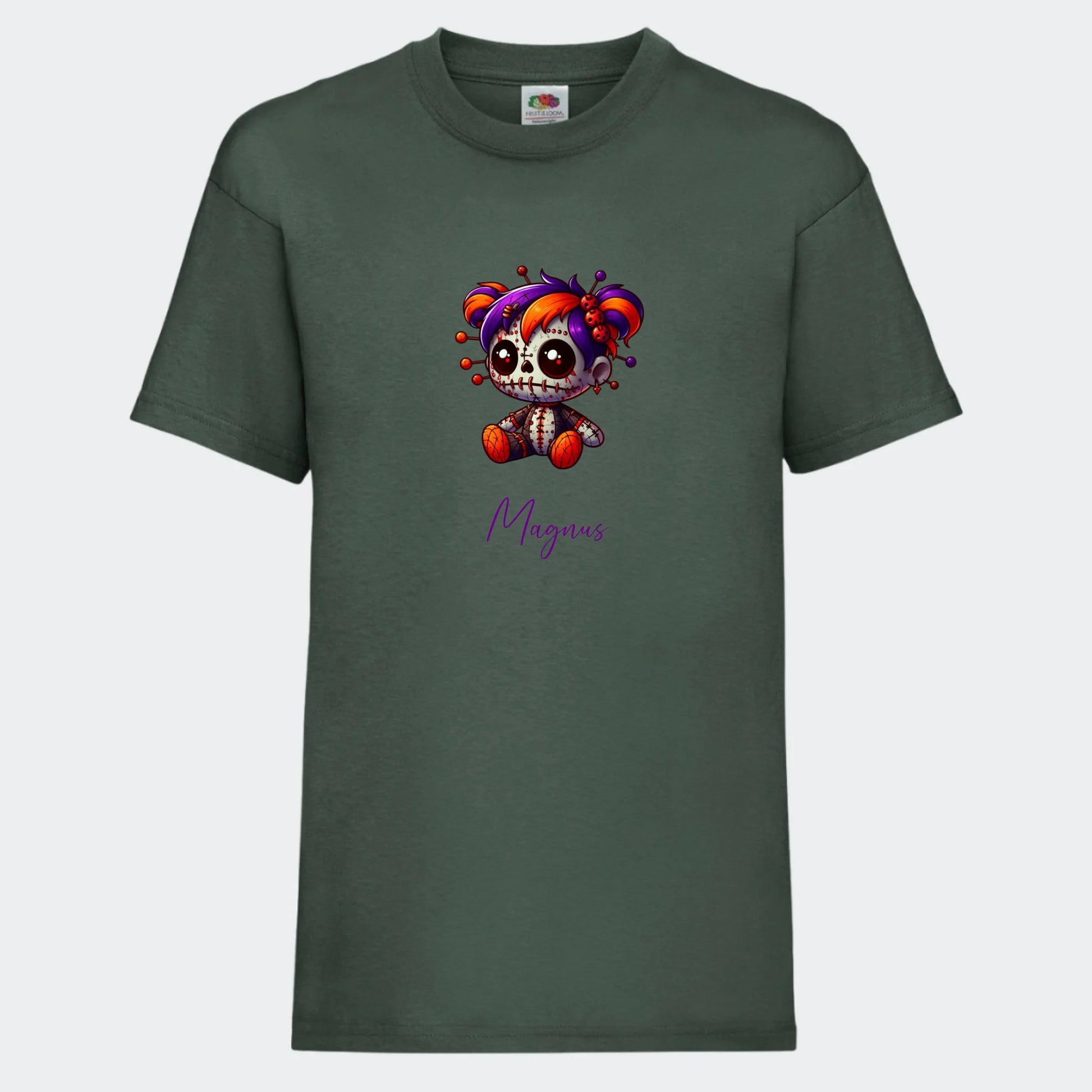 T-shirt til børn - Uhyggelig dukke Customizer TeeInBlue T-shirt Print på front Mørkegrøn 3-4 år