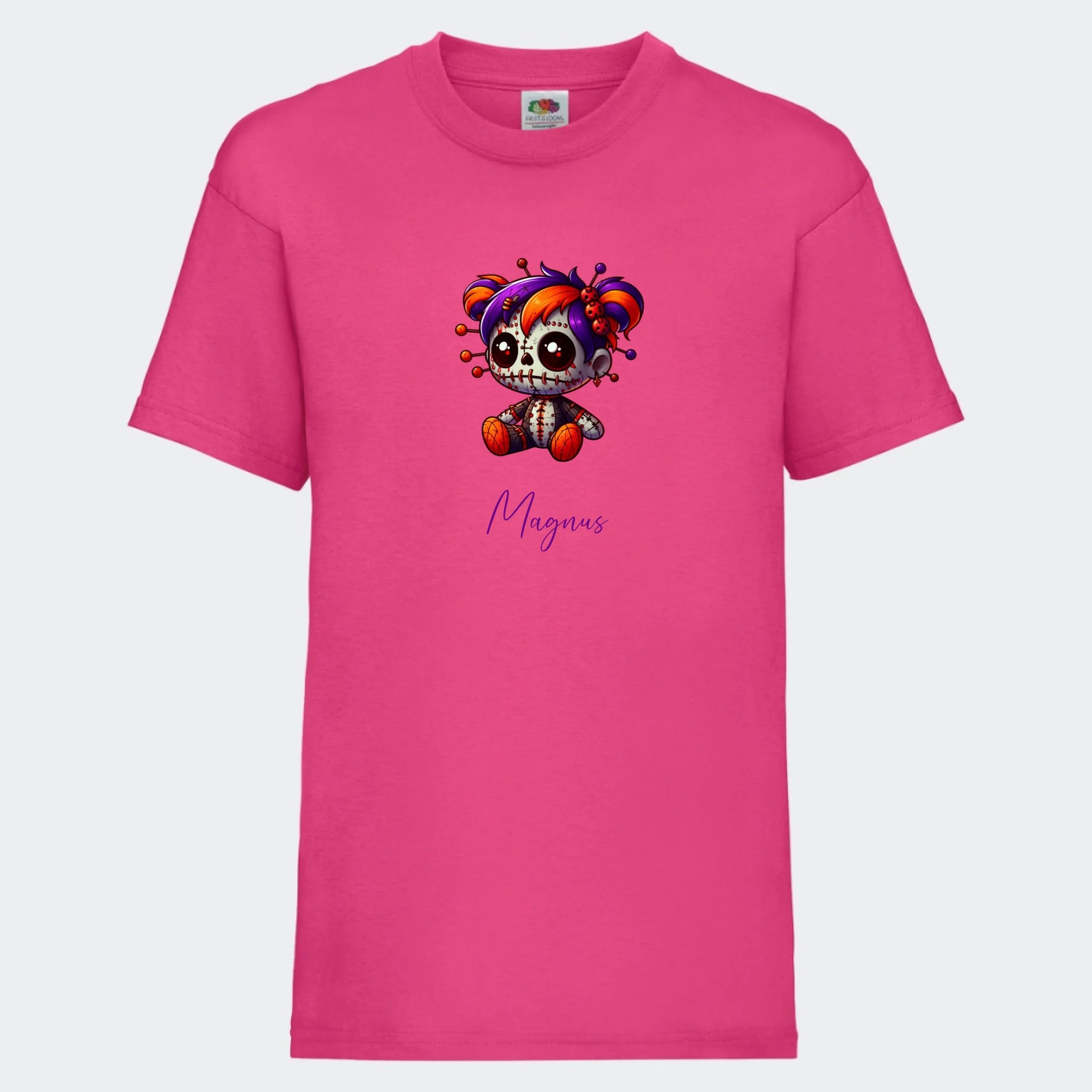 T-shirt til børn – Uhyggelig dukke, T-shirt tryk foran Fuchsia 3-4 år
