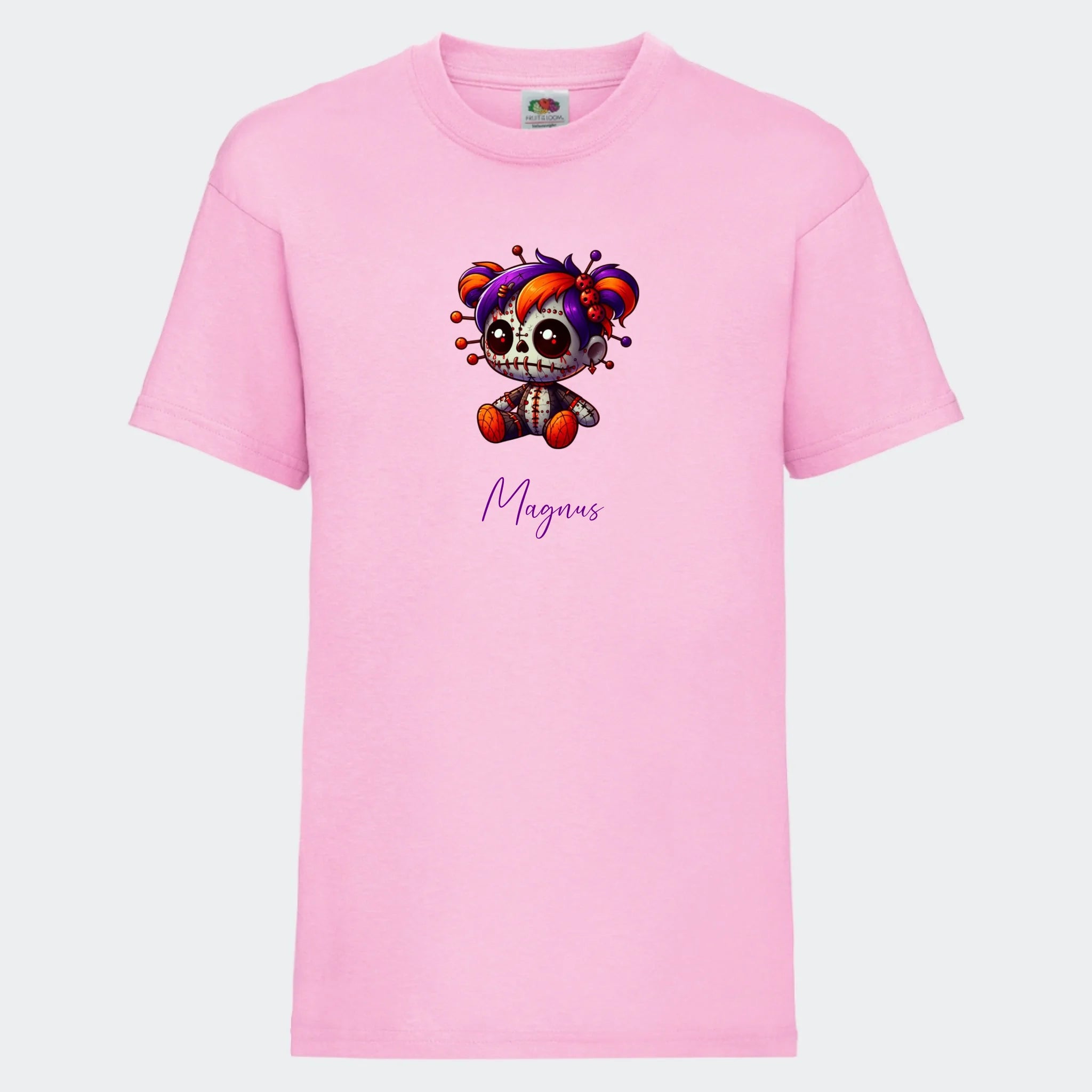 T-shirt til børn – Uhyggelig dukke, T-shirt tryk foran Lyserød 3-4 år